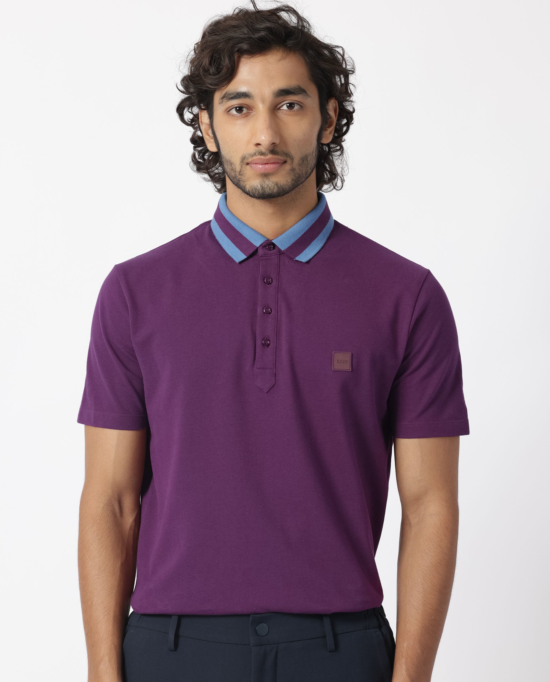 Rare Rabbit Men's Divide Dark Maroon Cotton Fabric Striped Collar Half Sleeves Polo T-Shirt