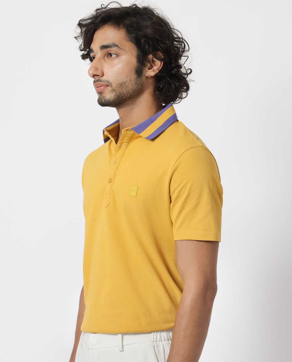 Rare Rabbit Men's Divide Mustard Cotton Fabric Striped Collar Half Sleeves Polo T-Shirt