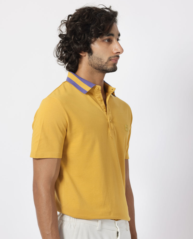 Rare Rabbit Men's Divide Mustard Cotton Fabric Striped Collar Half Sleeves Polo T-Shirt
