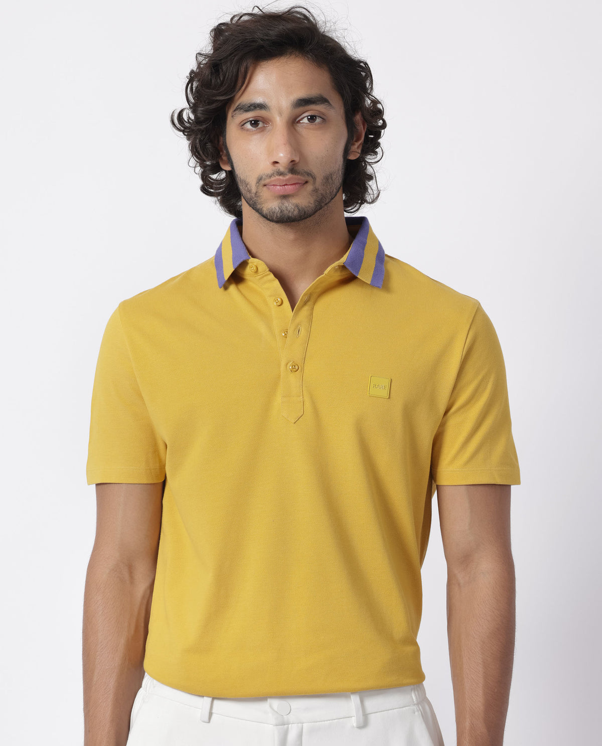 Rare Rabbit Men's Divide Mustard Cotton Fabric Striped Collar Half Sleeves Polo T-Shirt