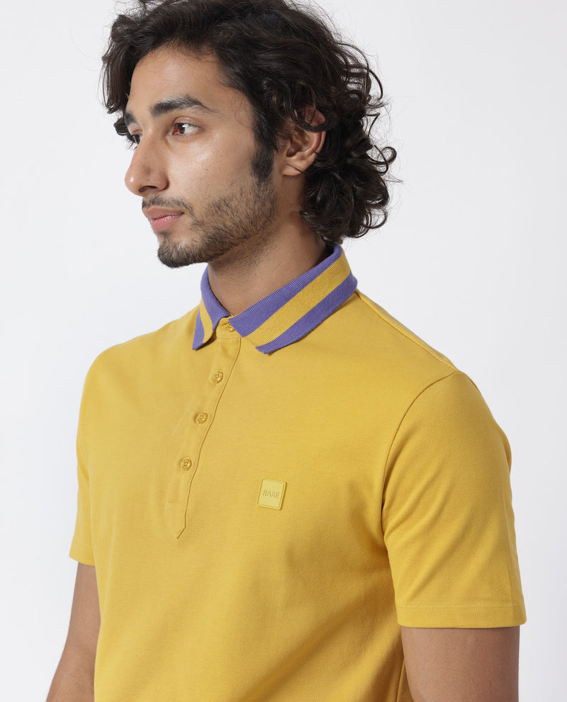 Rare Rabbit Men's Divide Mustard Cotton Fabric Striped Collar Half Sleeves Polo T-Shirt