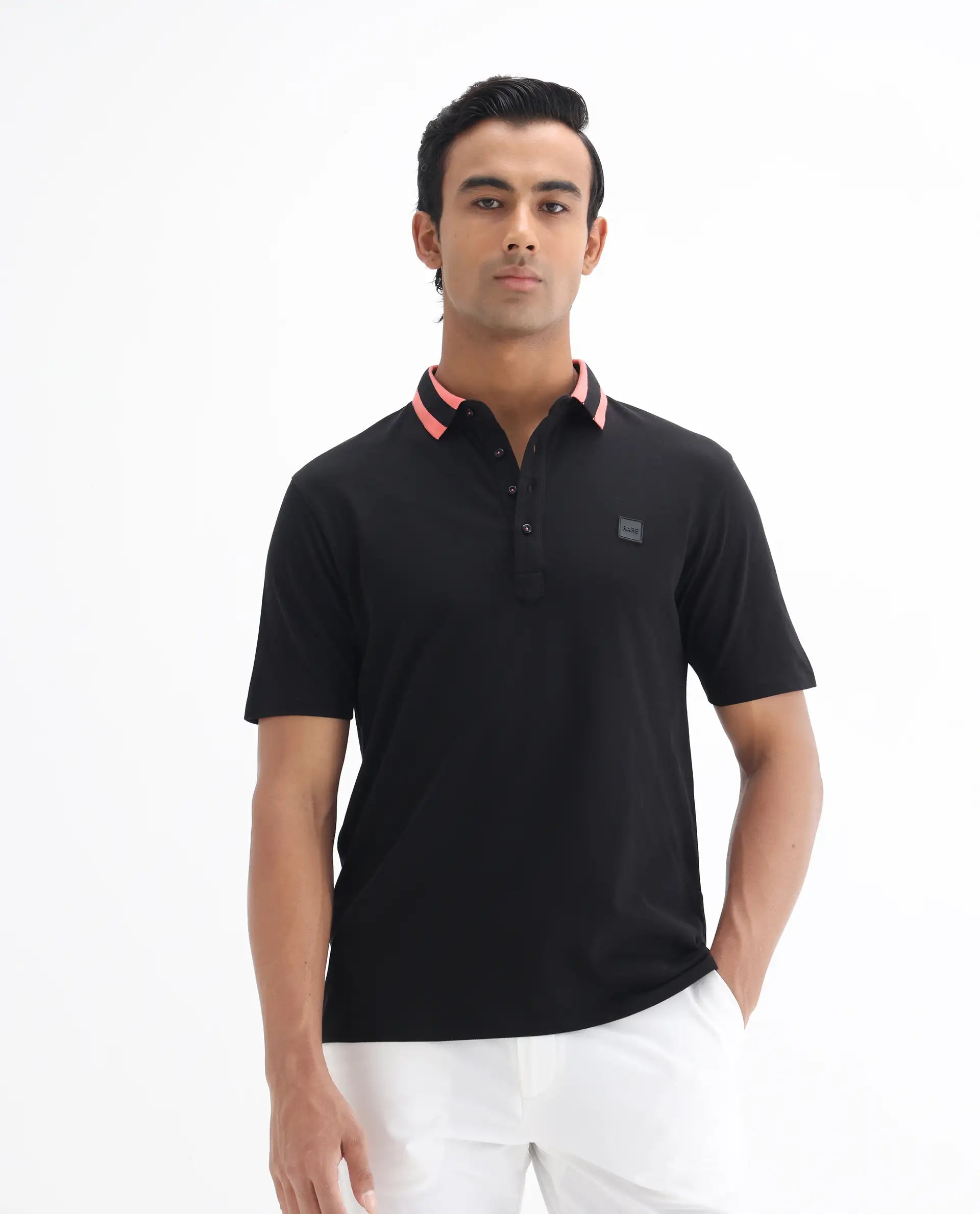 Rare Rabbit Men's Divide Black Cotton Plain Regular Fit Half Sleeve Polo