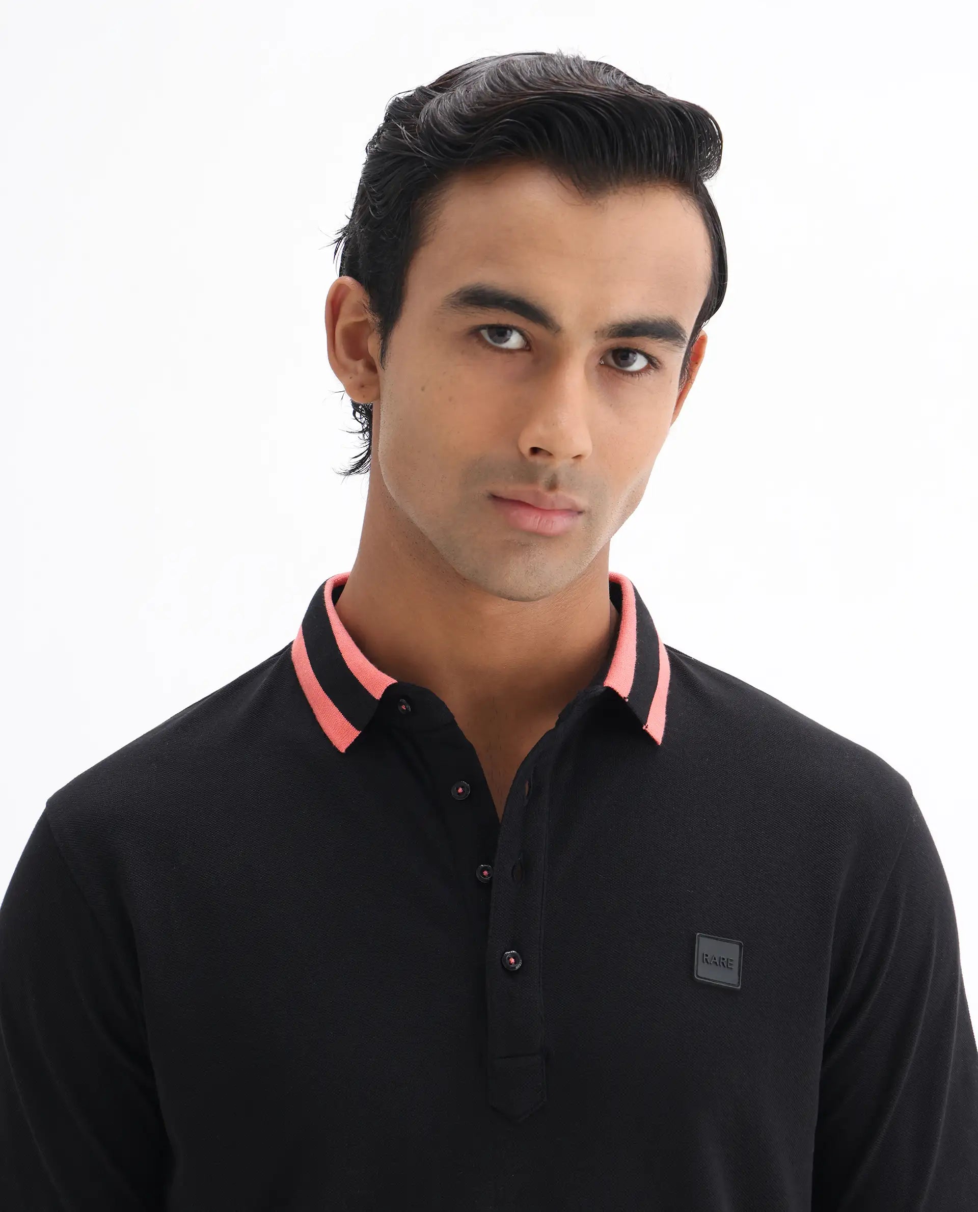 Rare Rabbit Men's Divide Black Cotton Plain Regular Fit Half Sleeve Polo