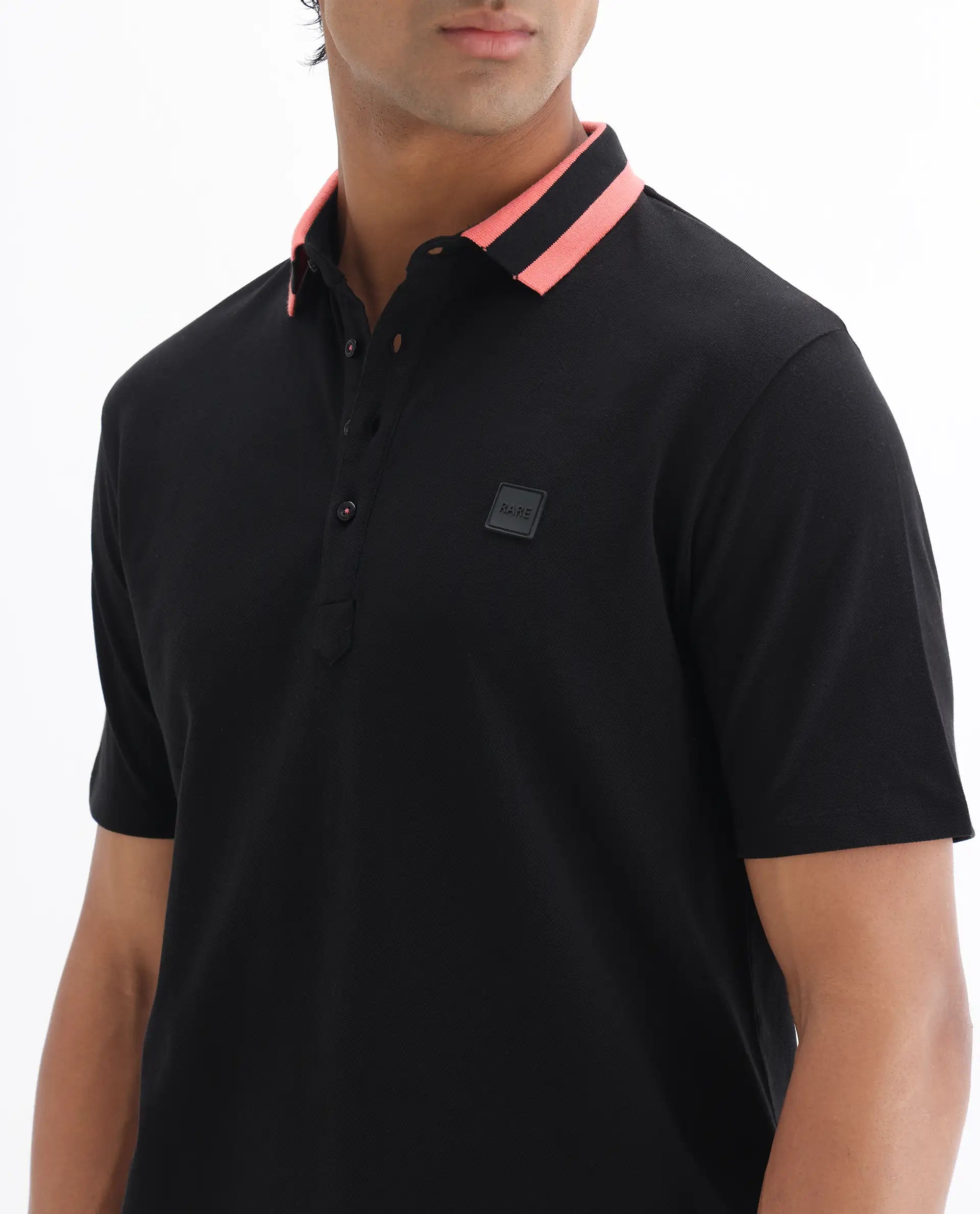 Rare Rabbit Men's Divide Black Cotton Plain Regular Fit Half Sleeve Polo