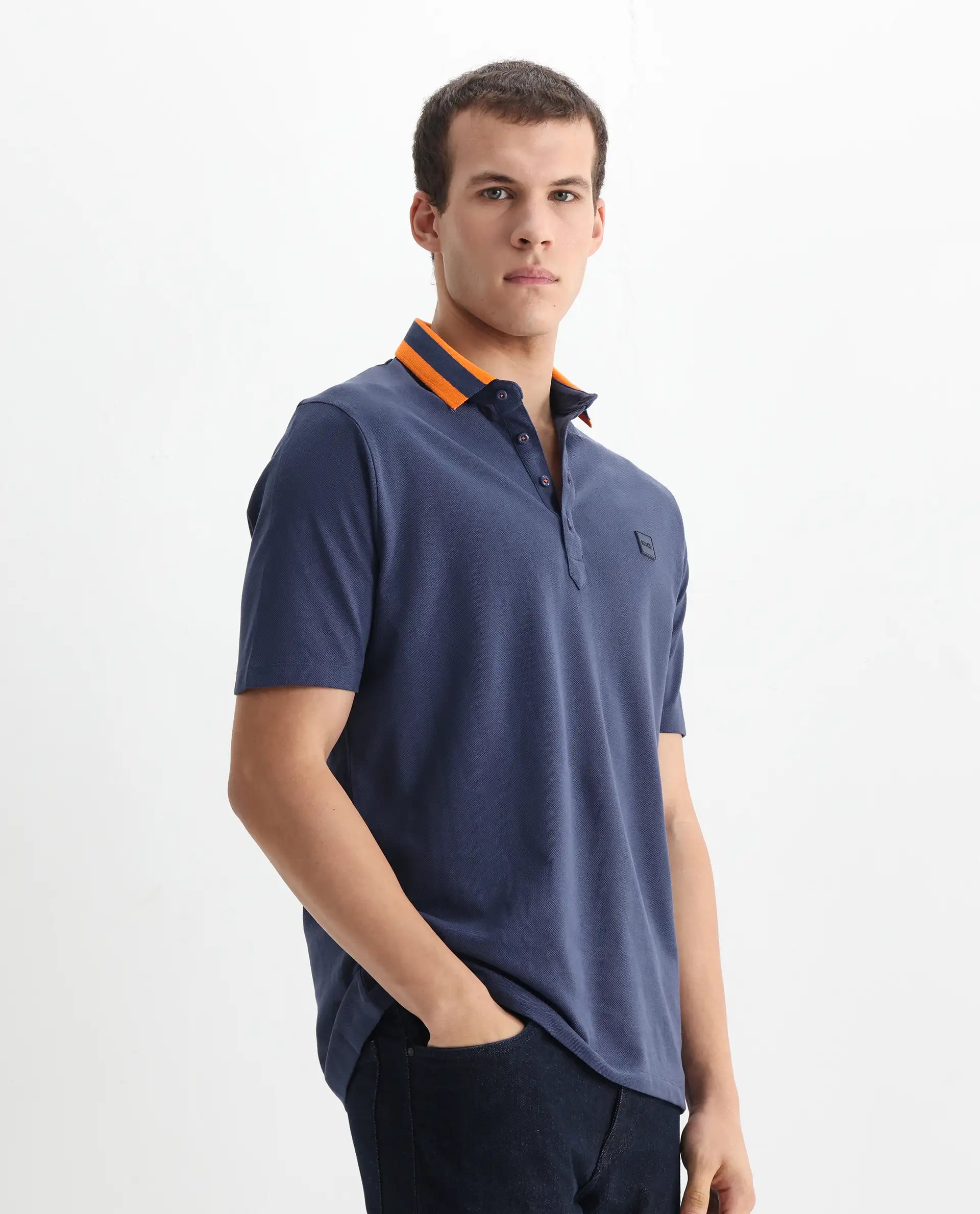 Rare Rabbit Men's Divide Dark Blue Cotton Plain Regular Fit Half Sleeve Polo