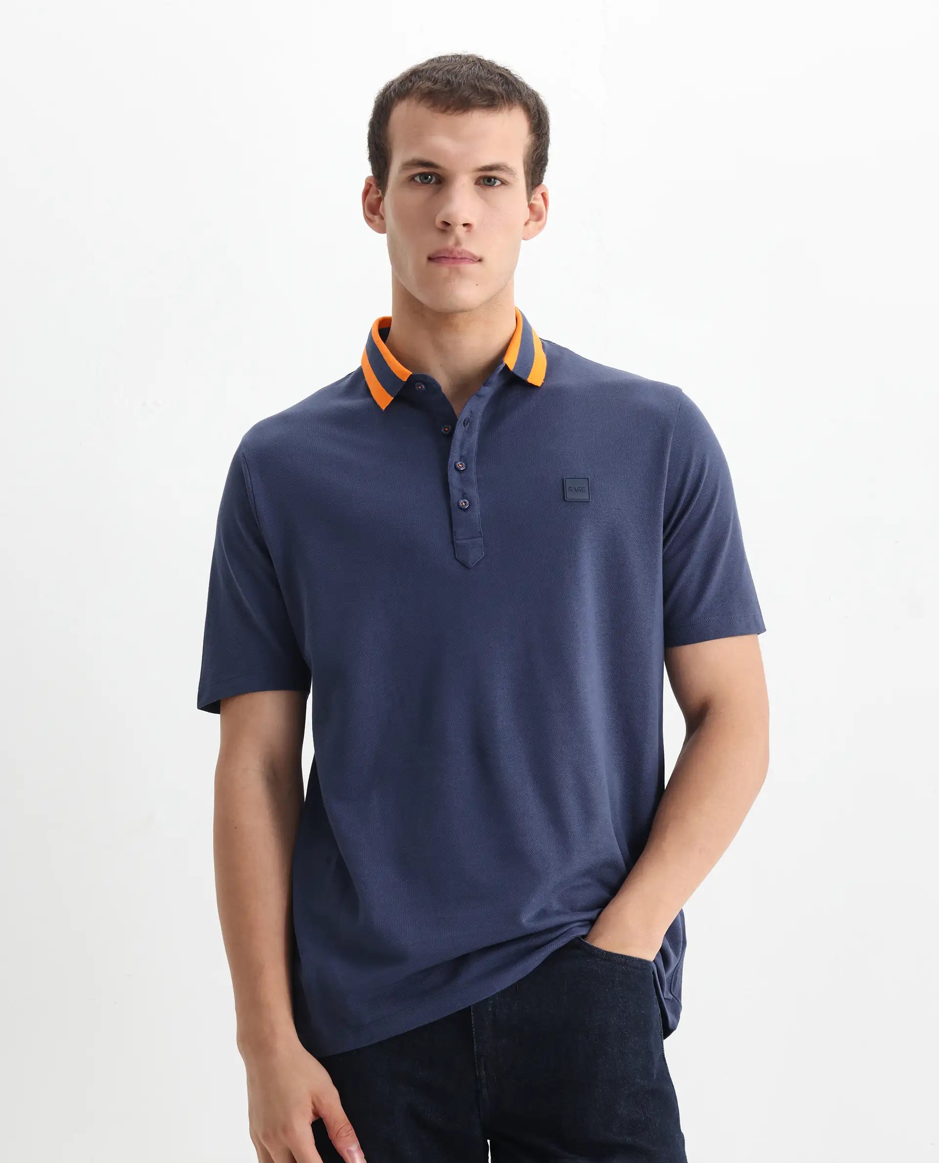 Rare Rabbit Men's Divide Dark Blue Cotton Plain Regular Fit Half Sleeve Polo