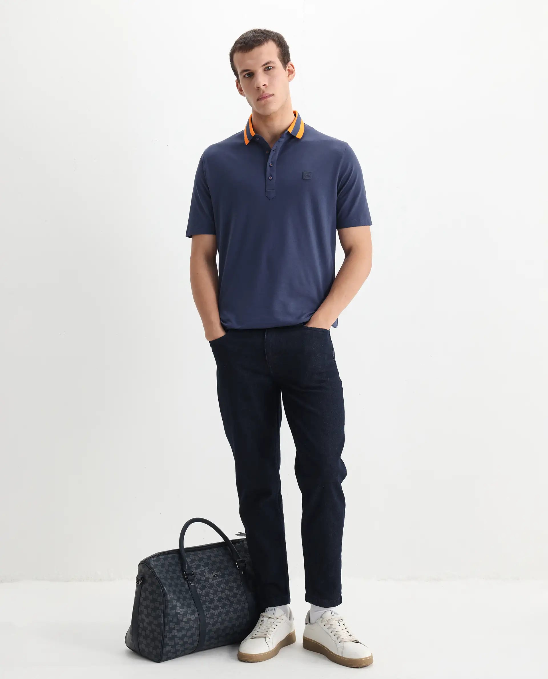 Rare Rabbit Men's Divide Dark Blue Cotton Plain Regular Fit Half Sleeve Polo