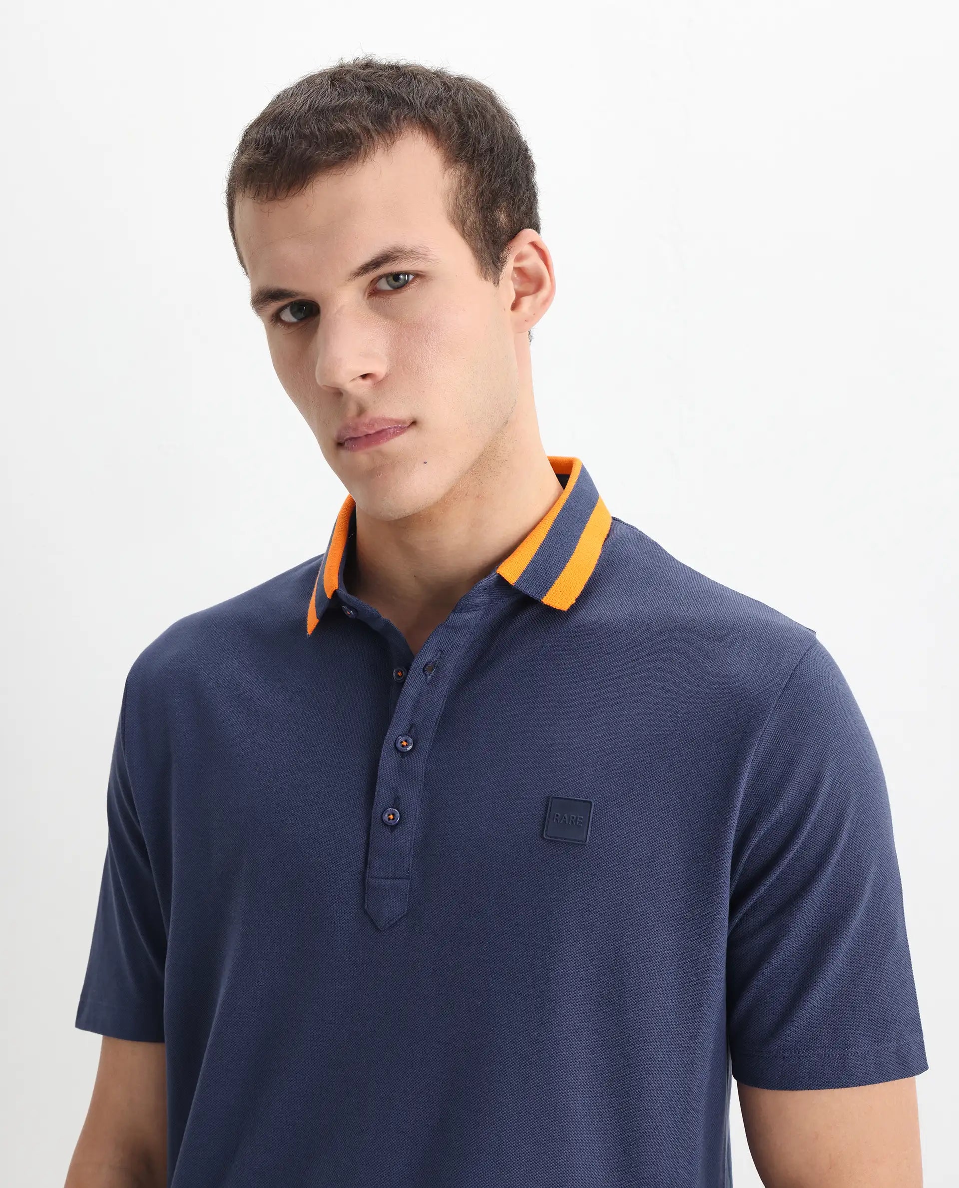 Rare Rabbit Men's Divide Dark Blue Cotton Plain Regular Fit Half Sleeve Polo
