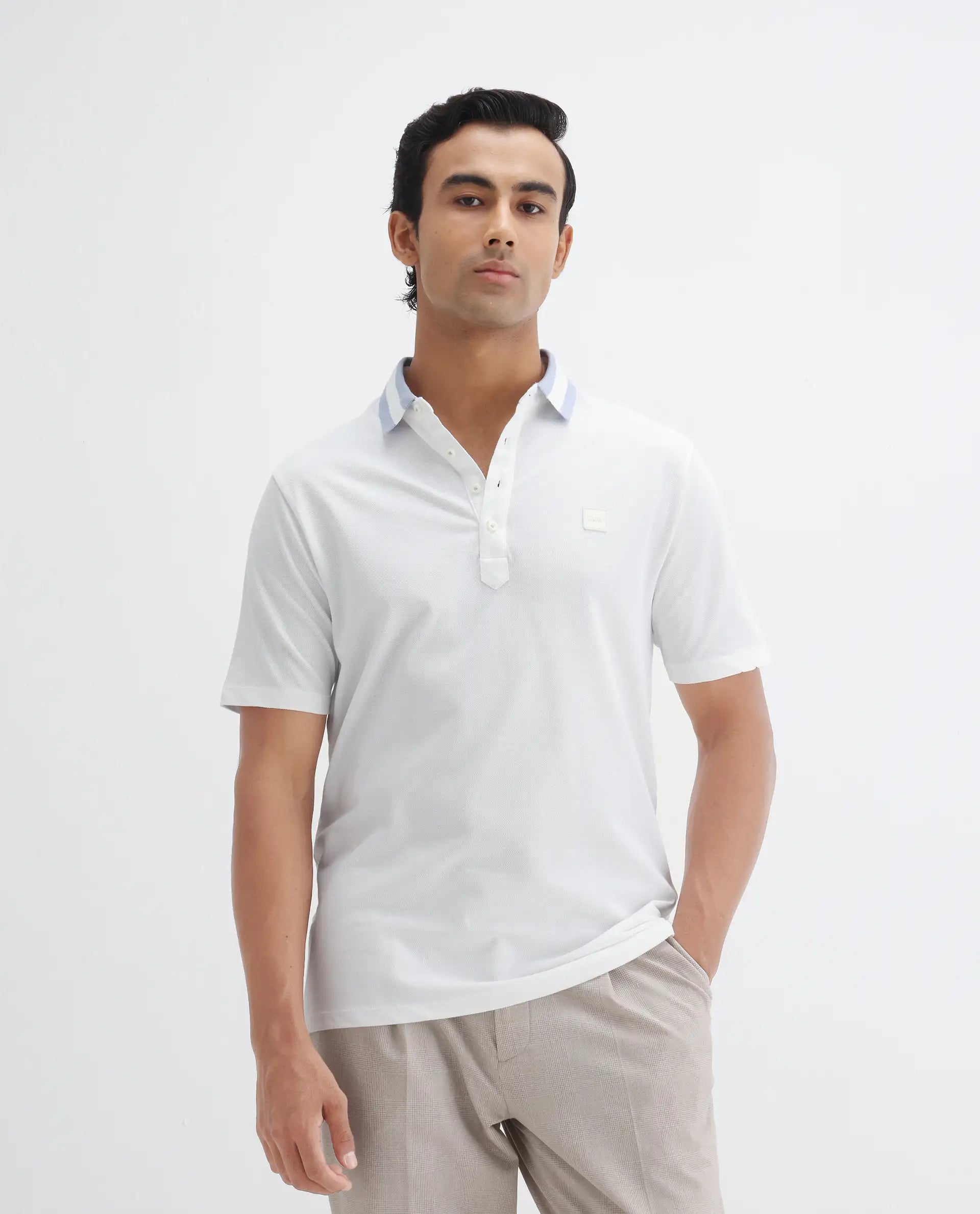 Rare Rabbit Men's Divide White Cotton Plain Regular Fit Half Sleeve Polo
