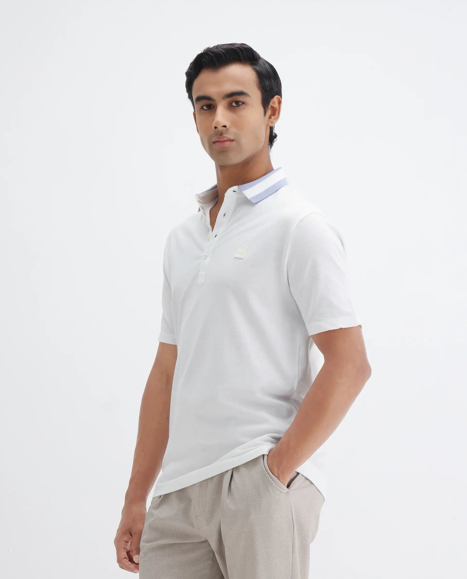 Rare Rabbit Men's Divide White Cotton Plain Regular Fit Half Sleeve Polo