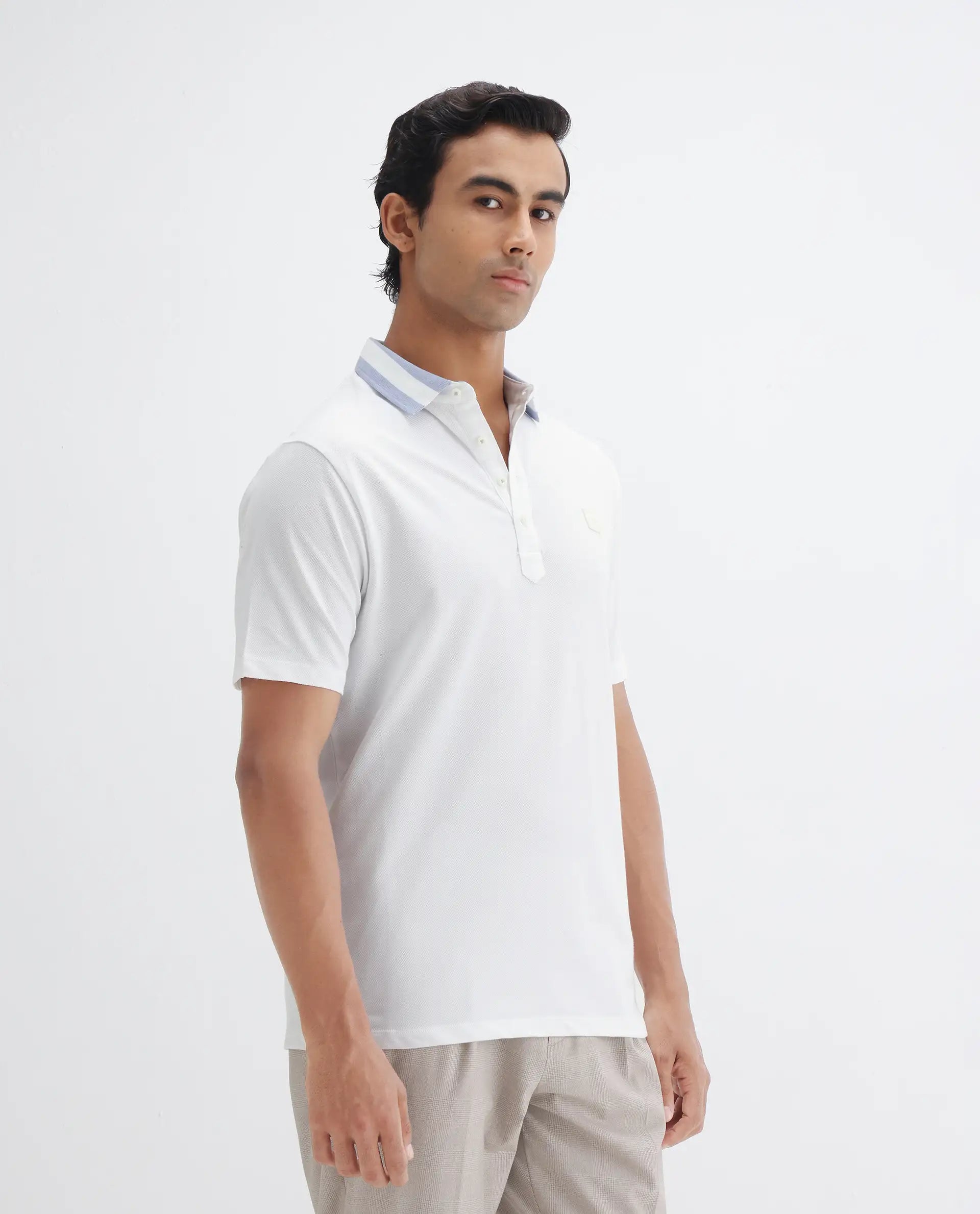 Rare Rabbit Men's Divide White Cotton Plain Regular Fit Half Sleeve Polo
