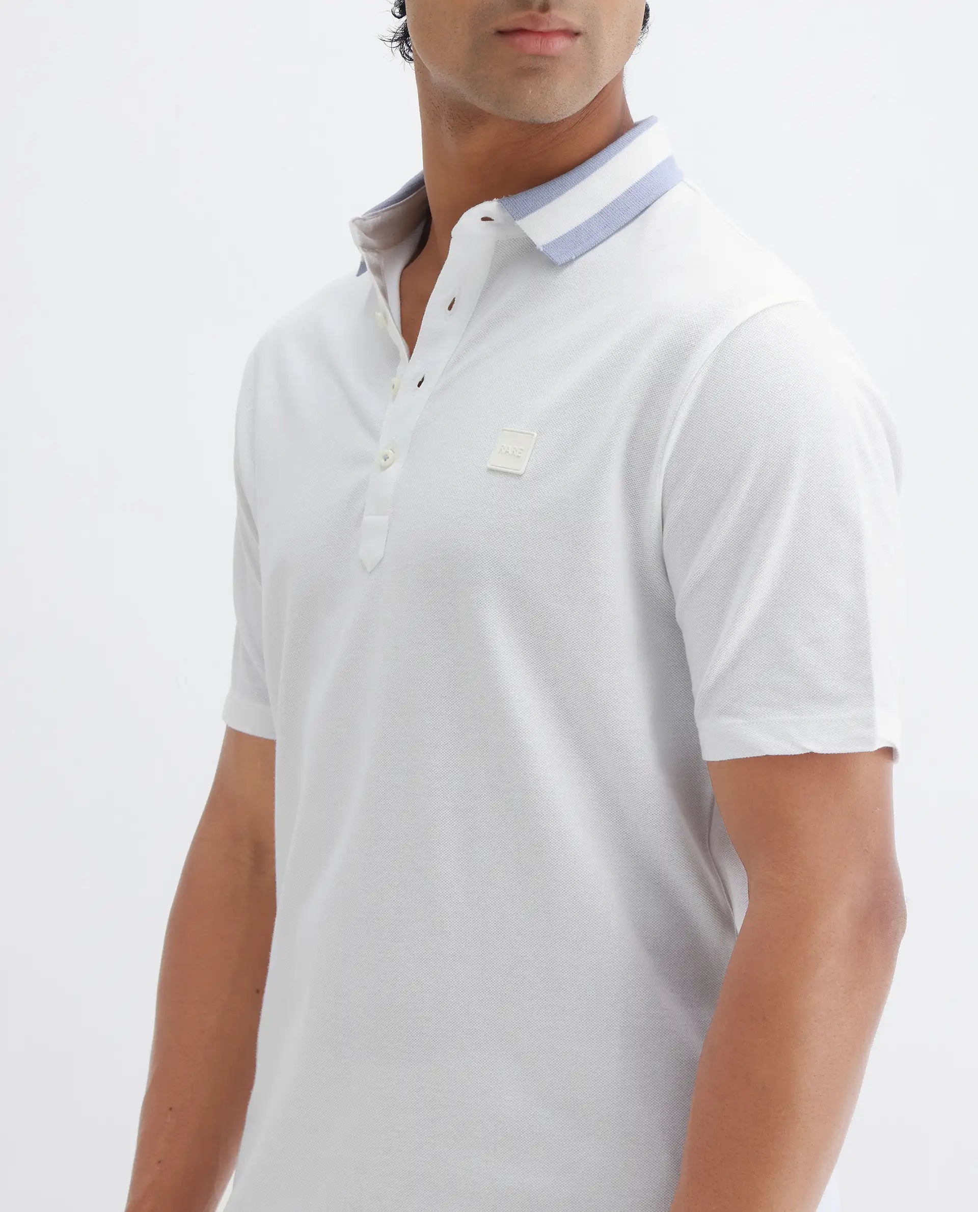 Rare Rabbit Men's Divide White Cotton Plain Regular Fit Half Sleeve Polo