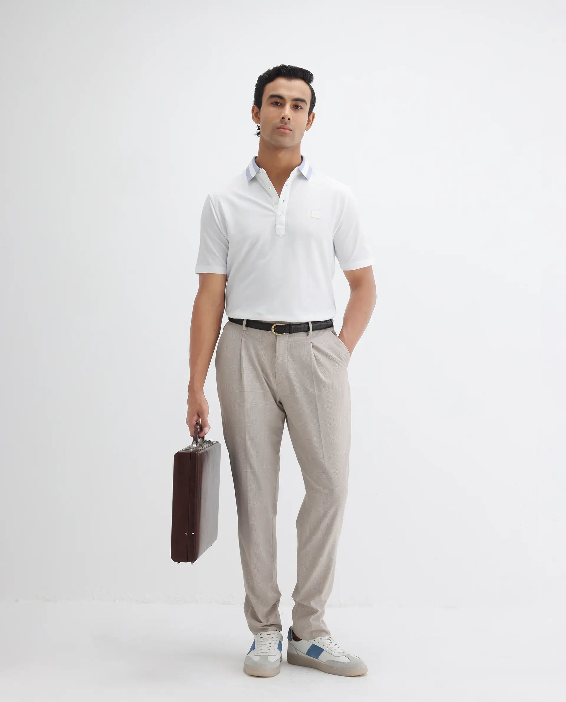 Rare Rabbit Men's Divide White Cotton Plain Regular Fit Half Sleeve Polo