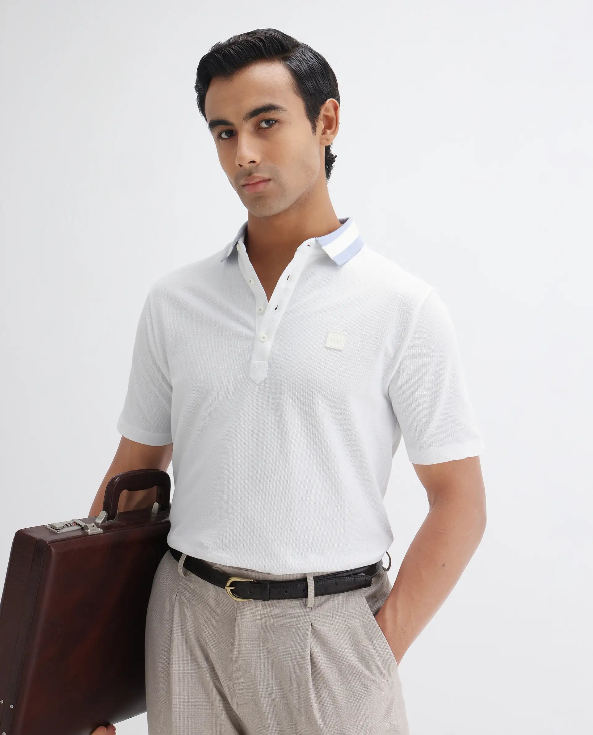 Rare Rabbit Men's Divide White Cotton Plain Regular Fit Half Sleeve Polo