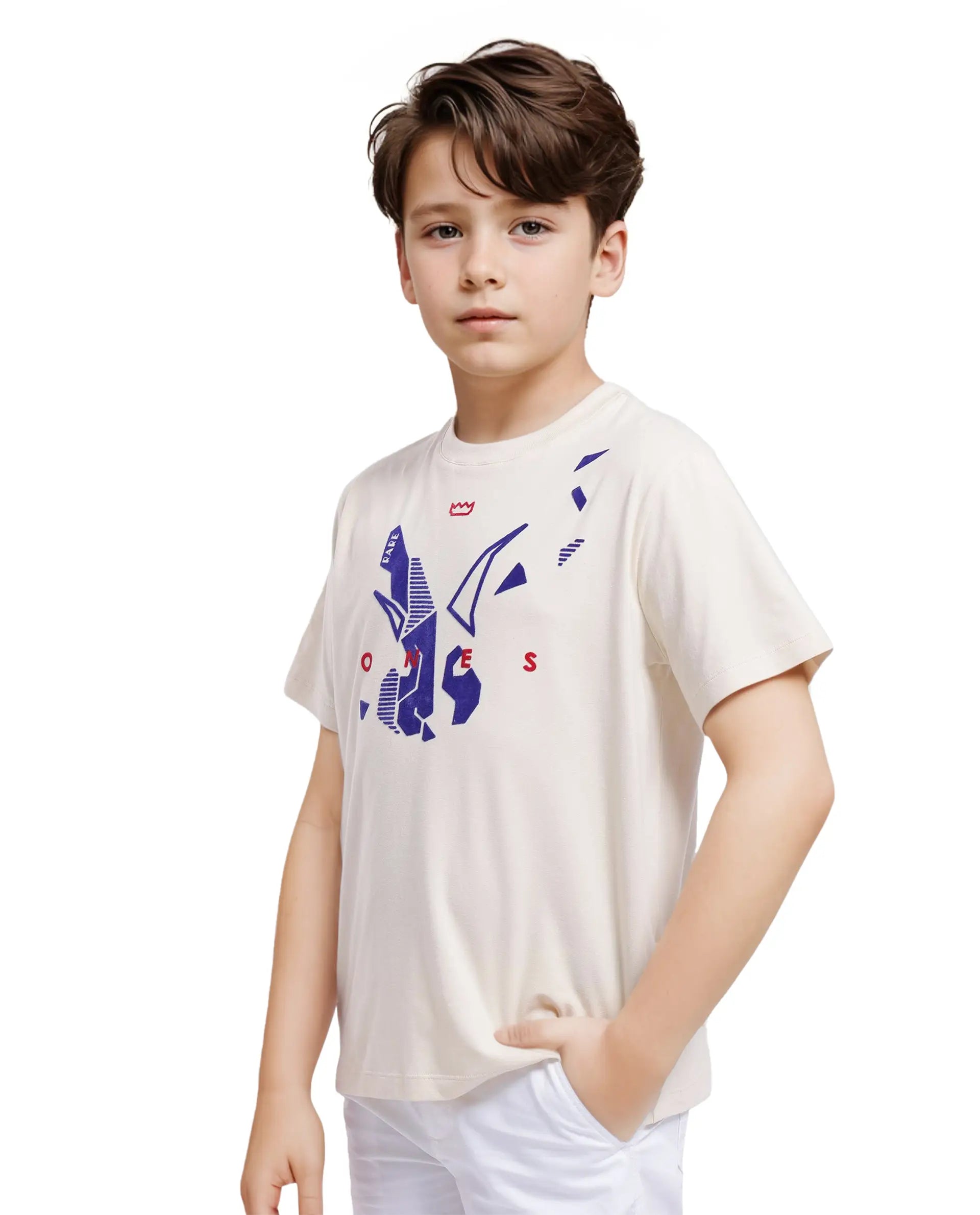 Rare Ones Kids Div Off White Cotton Short Sleeve Crew Neck Regular Fit Flock Print T-Shirt