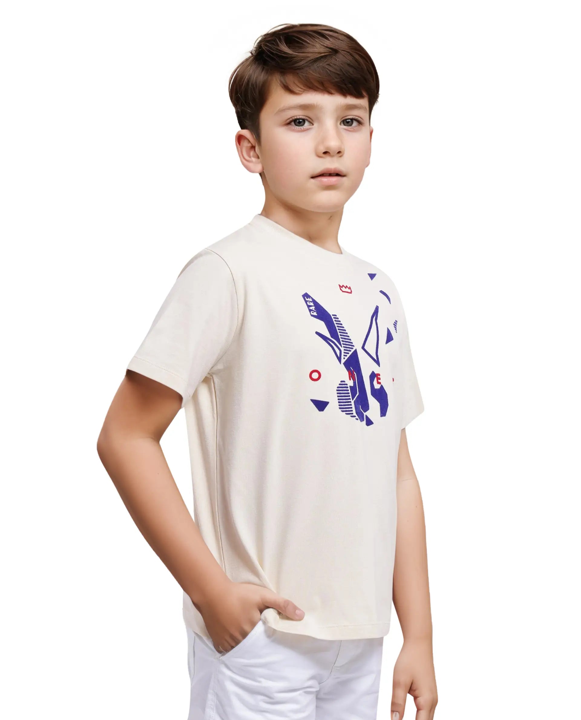Rare Ones Kids Div Off White Cotton Short Sleeve Crew Neck Regular Fit Flock Print T-Shirt