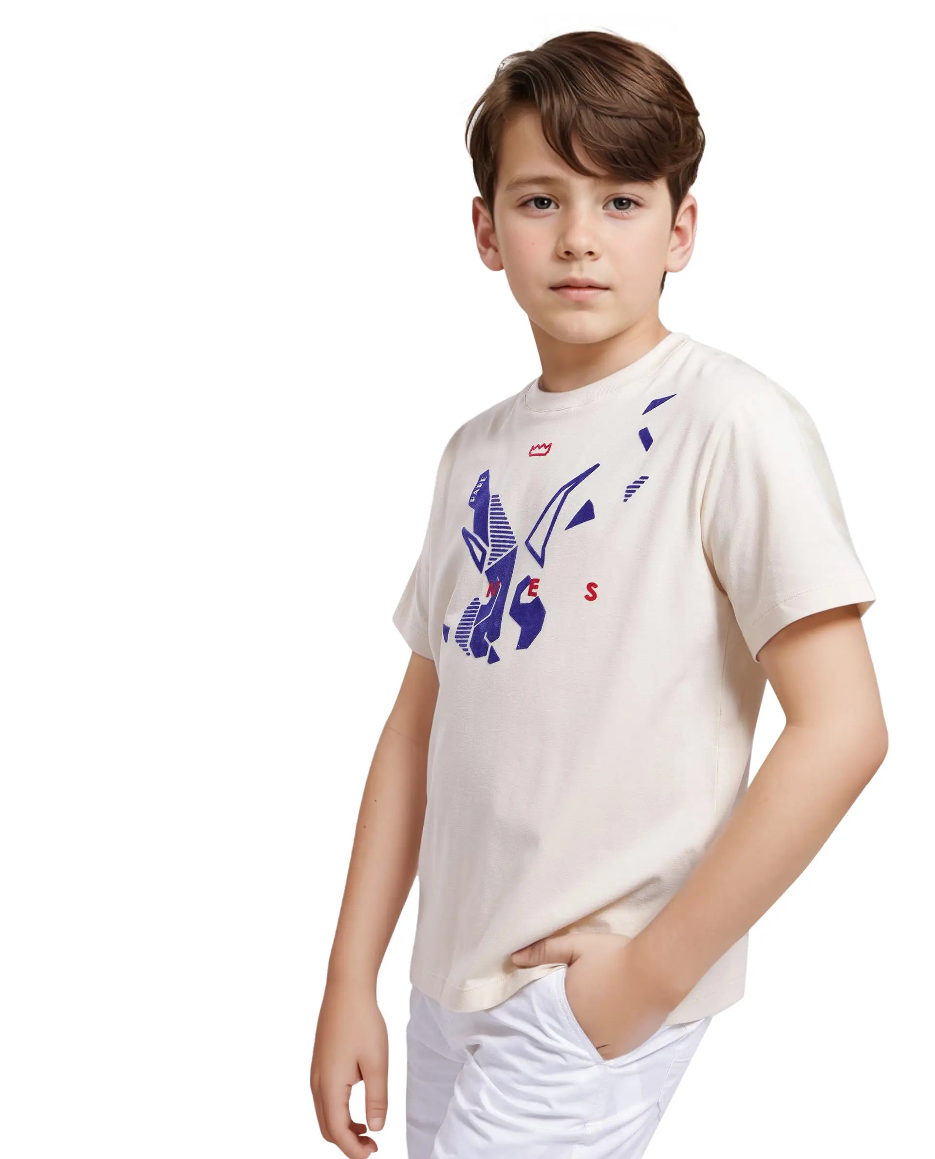 Rare Ones Kids Div Off White Cotton Short Sleeve Crew Neck Regular Fit Flock Print T-Shirt