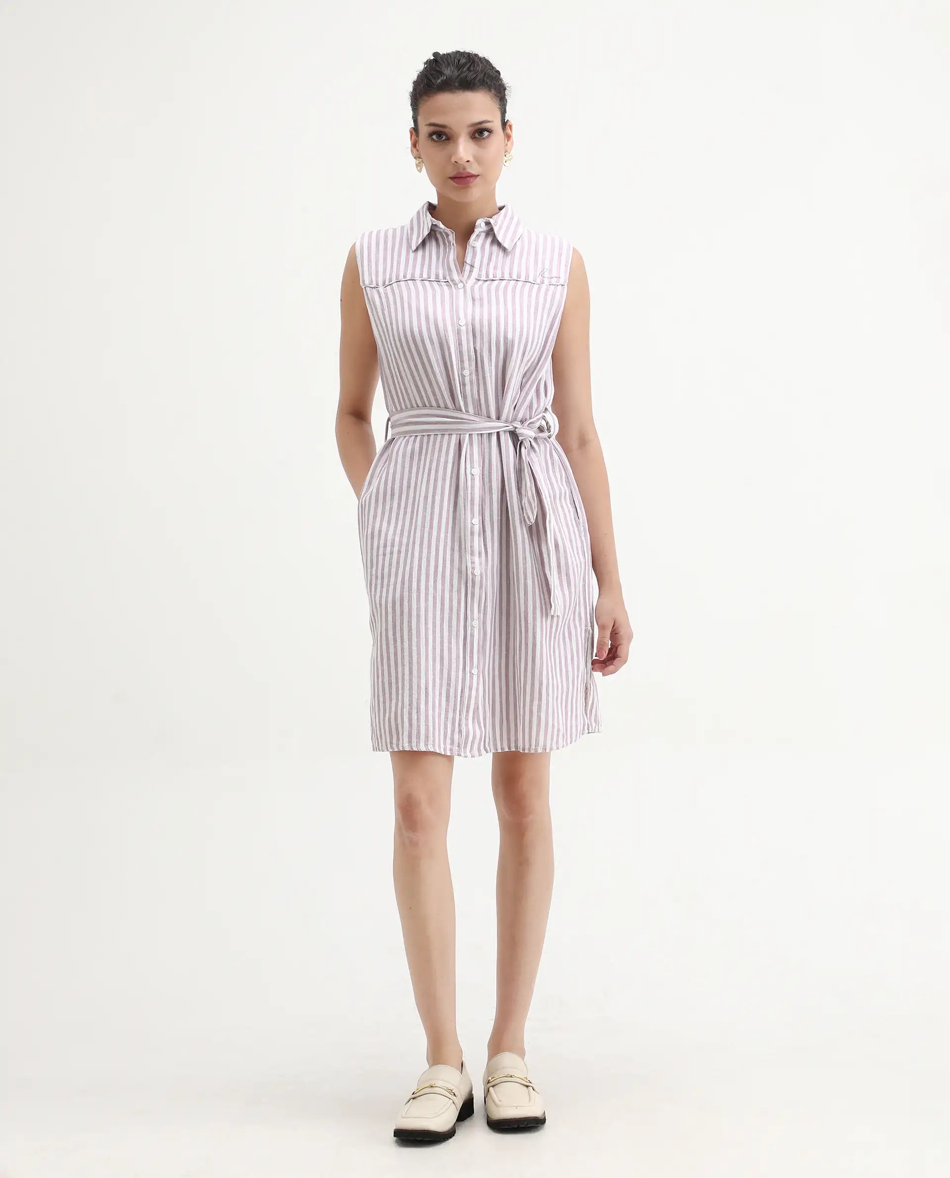 Rareism Women's Divz Purple Linen Spread Collar Striped Sleeveless Knee Length Regular Fit Dress