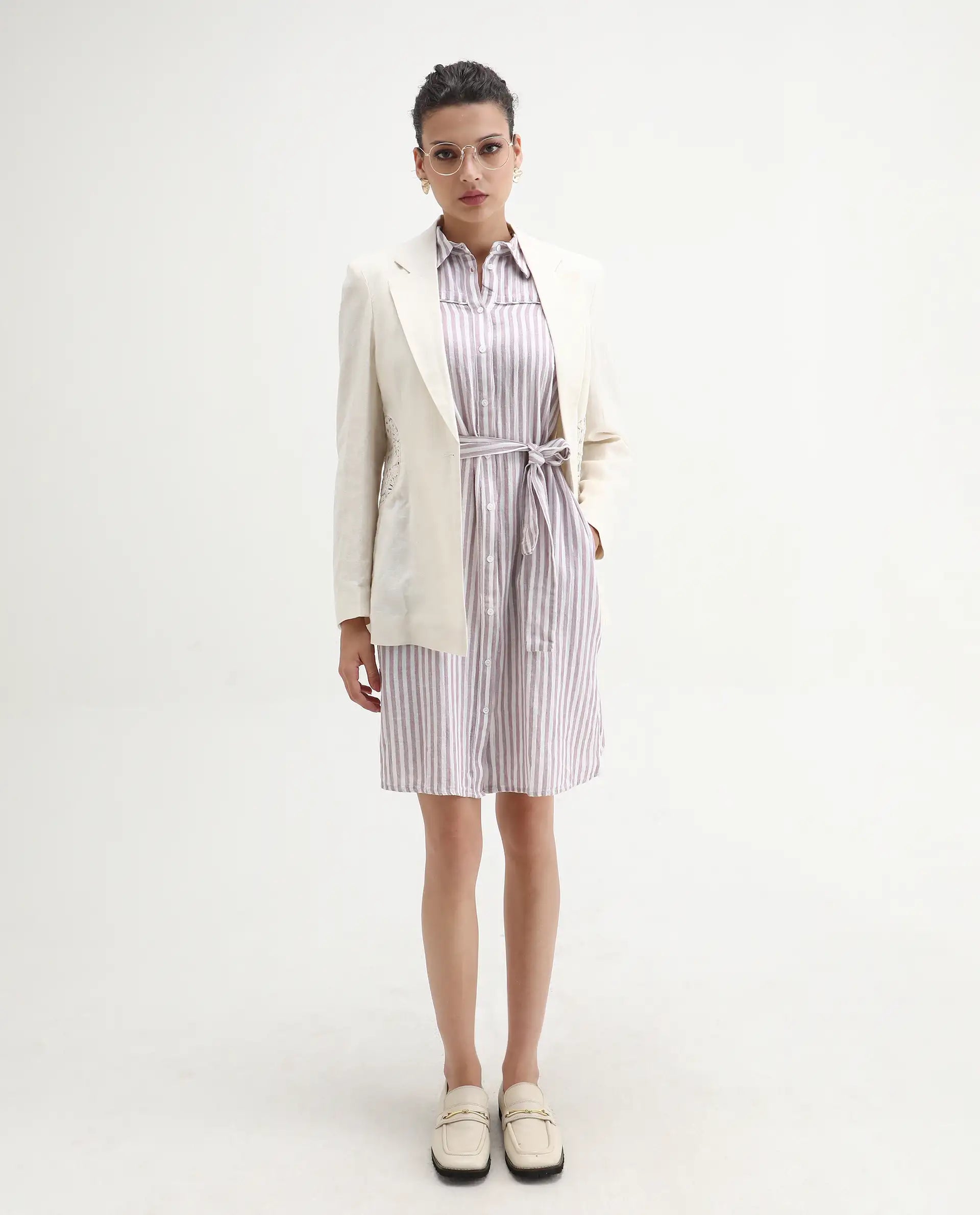 Rareism Women's Divz Purple Linen Spread Collar Striped Sleeveless Knee Length Regular Fit Dress