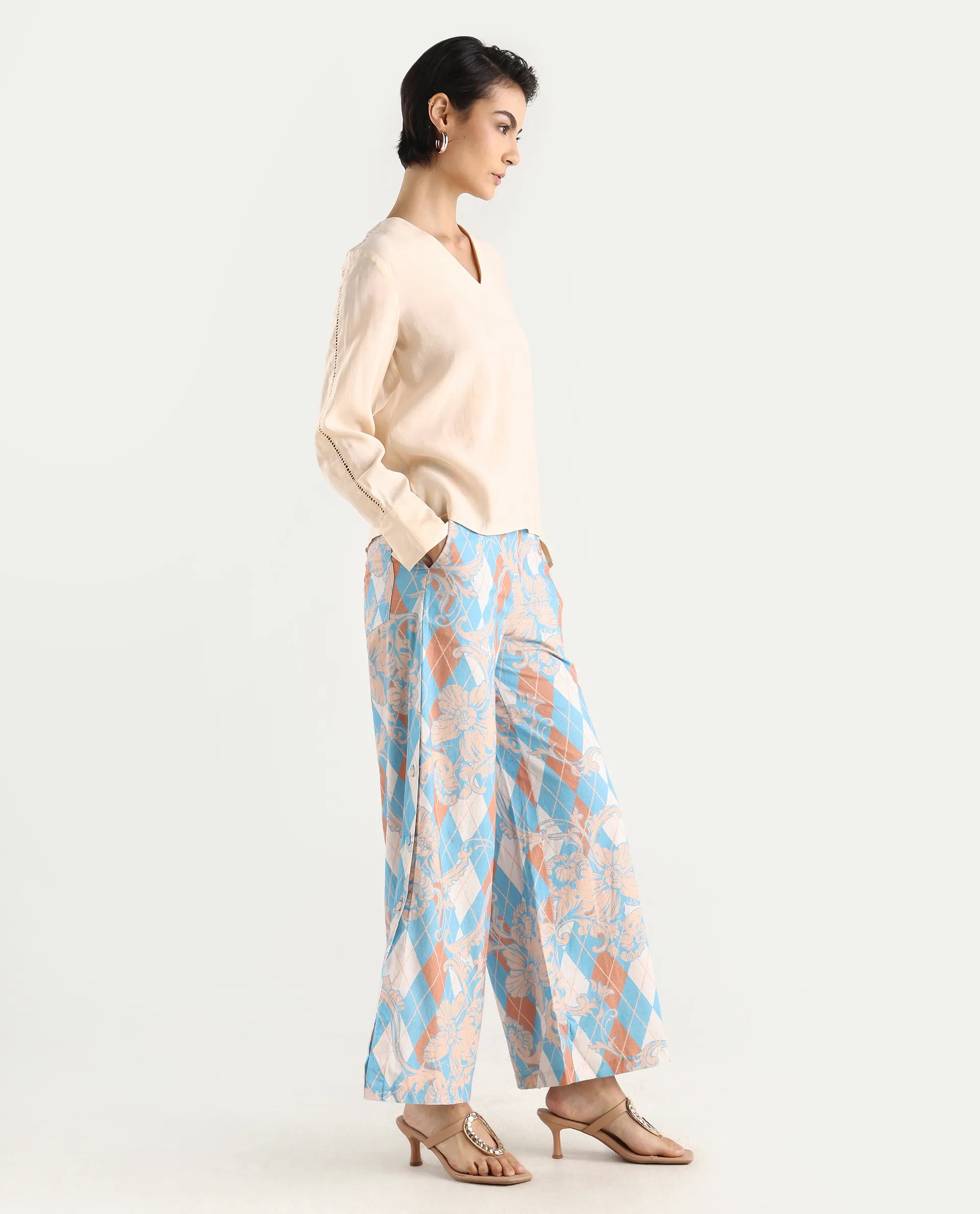 Rareism Women's Diyan Light Multi Polyester Geometric Print Ankle Length Wide Trouser