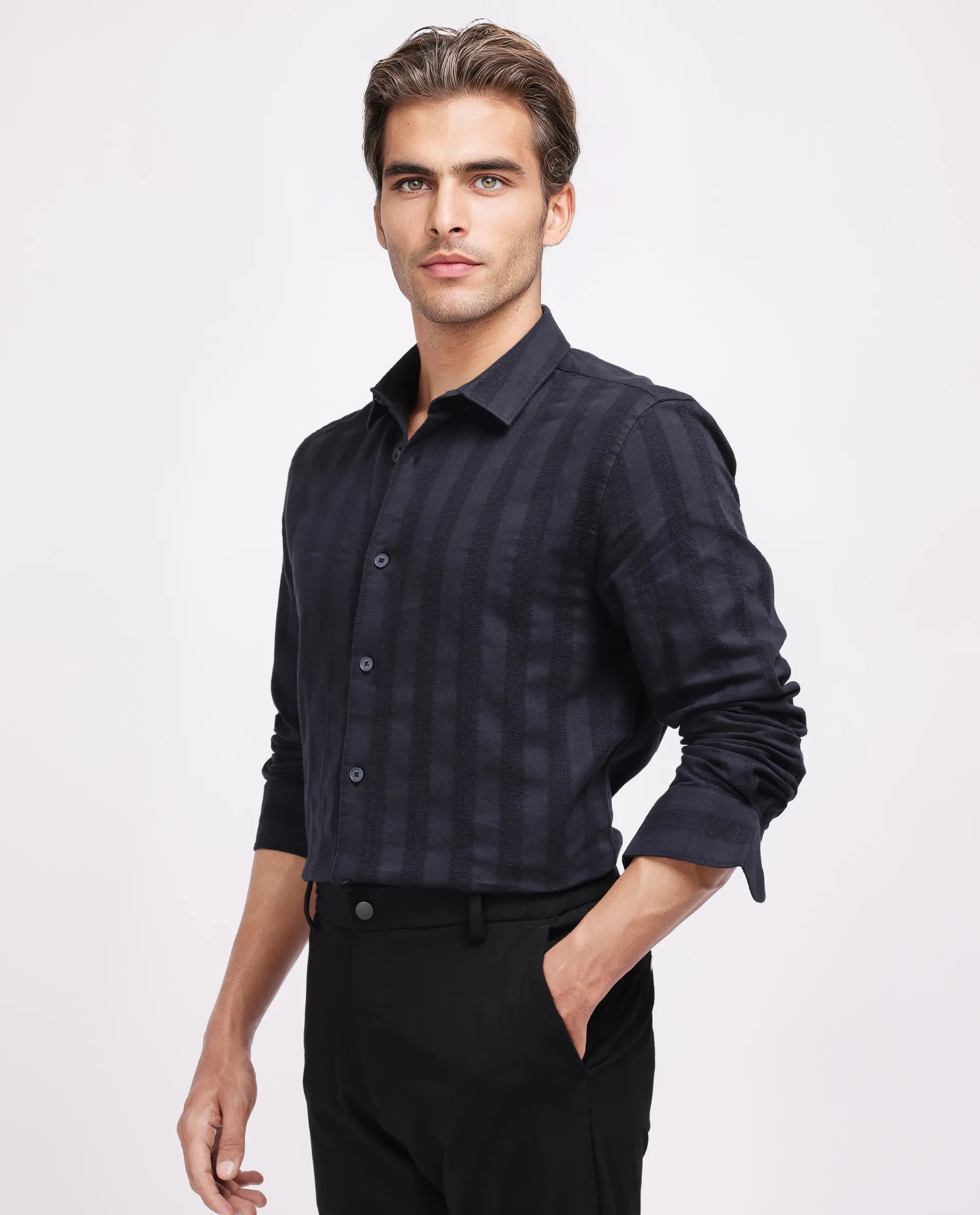 Rare Rabbit Men's Dobbiz Black Cotton Striped Print Regular Fit Half Sleeve Collared Shirt