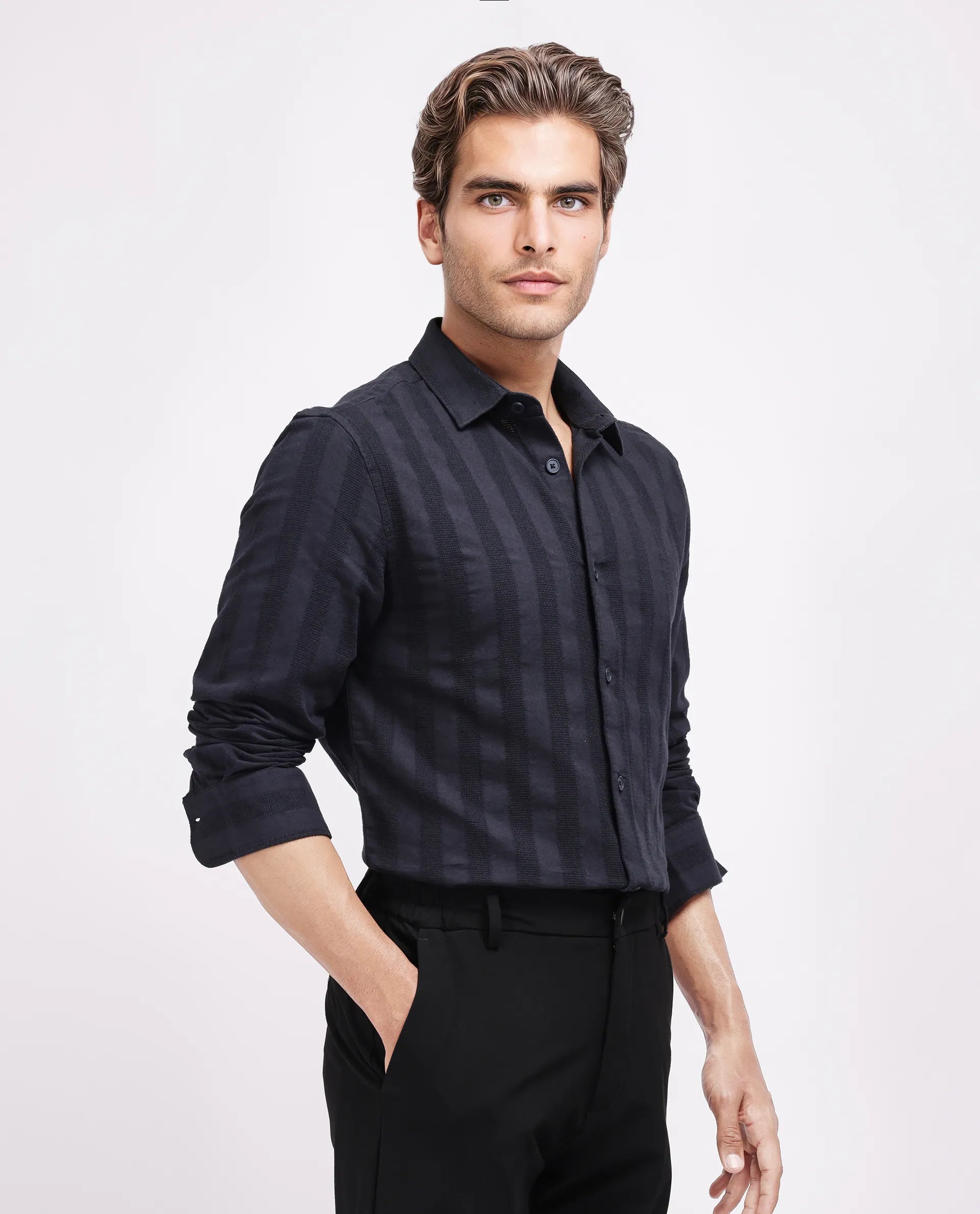 Rare Rabbit Men's Dobbiz Black Cotton Striped Print Regular Fit Half Sleeve Collared Shirt