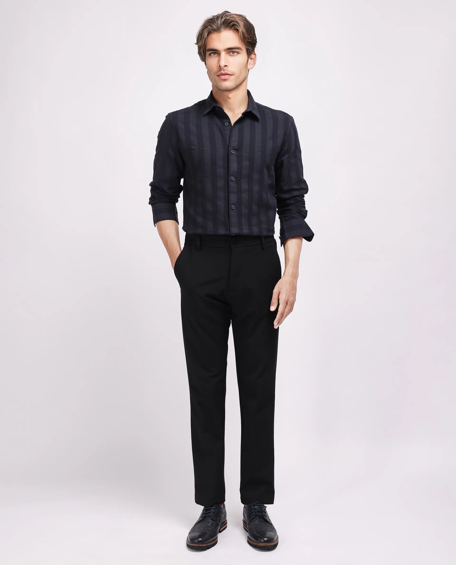 Rare Rabbit Men's Dobbiz Black Cotton Striped Print Regular Fit Half Sleeve Collared Shirt