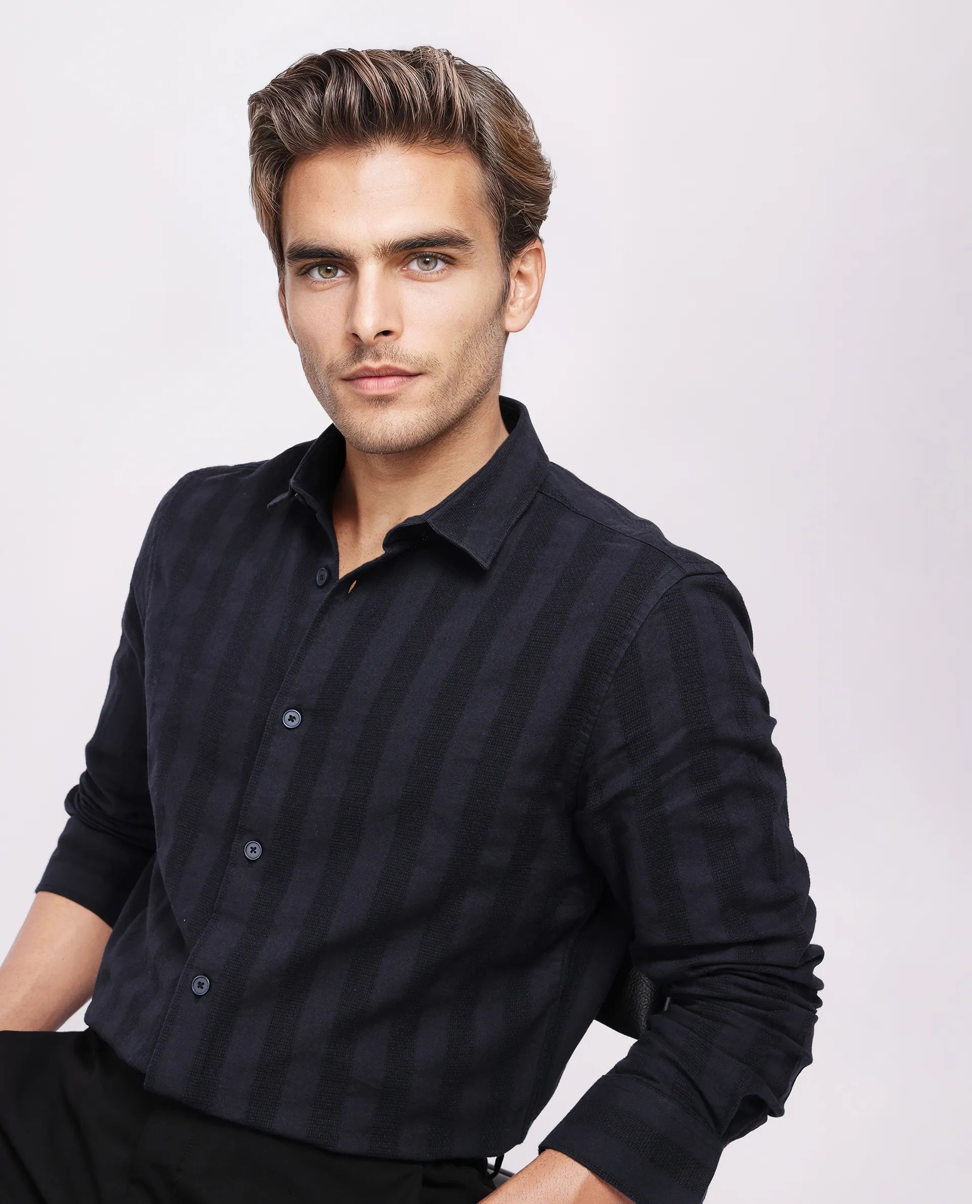 Rare Rabbit Men's Dobbiz Black Cotton Striped Print Regular Fit Half Sleeve Collared Shirt