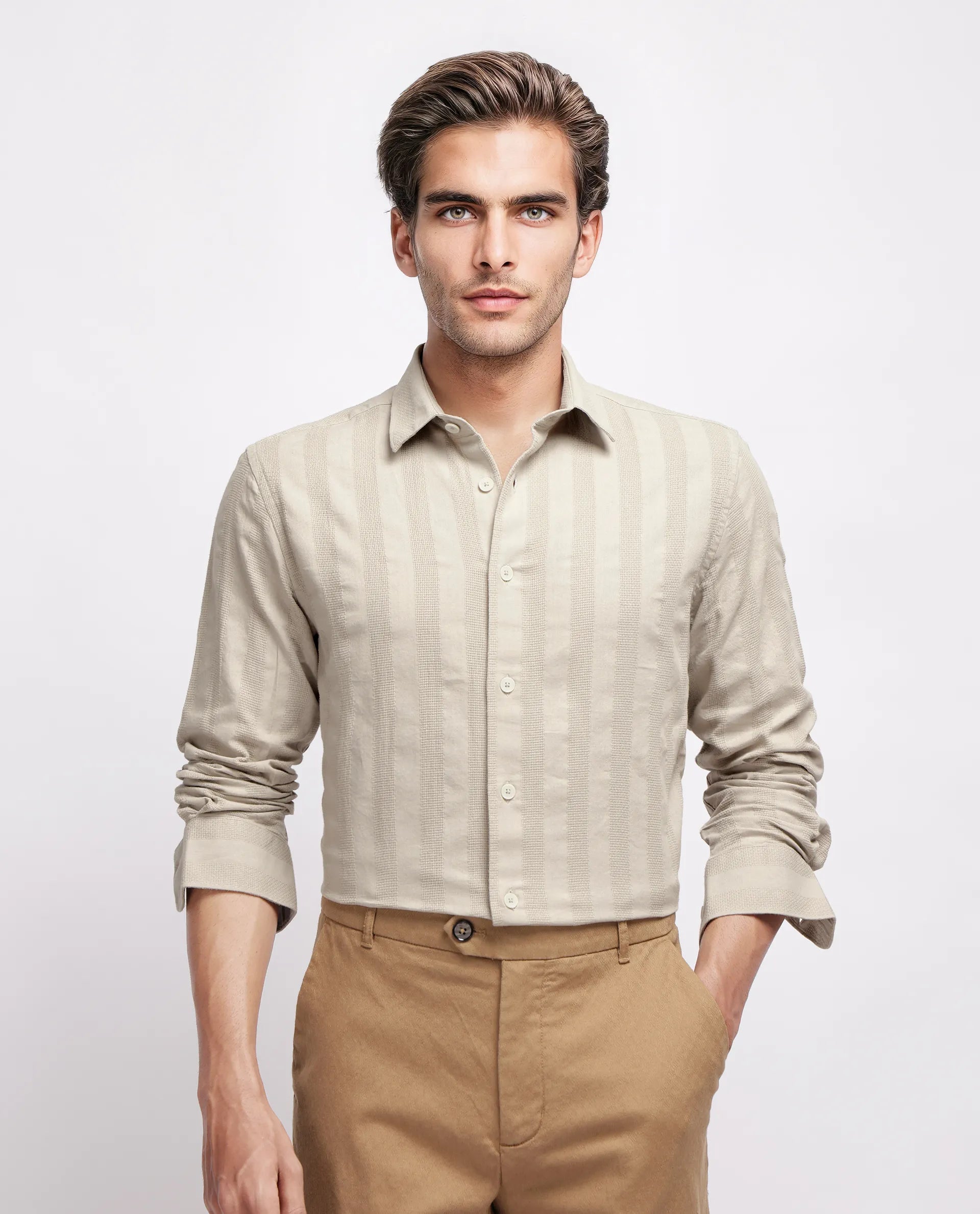 Rare Rabbit Men's Dobbiz Dark Beige Cotton Striped Print Regular Fit Half Sleeve Collared Shirt