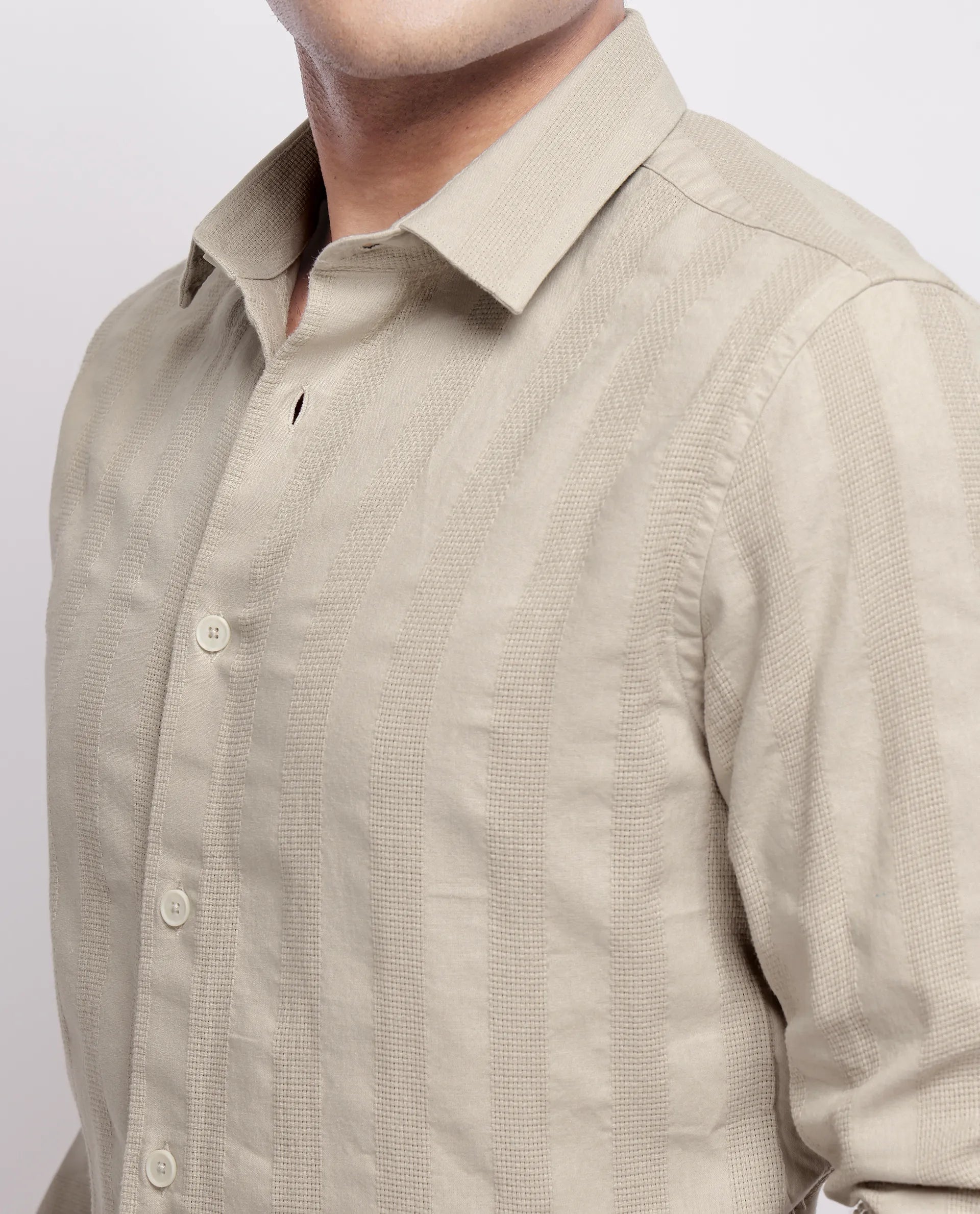 Rare Rabbit Men's Dobbiz Dark Beige Cotton Striped Print Regular Fit Half Sleeve Collared Shirt