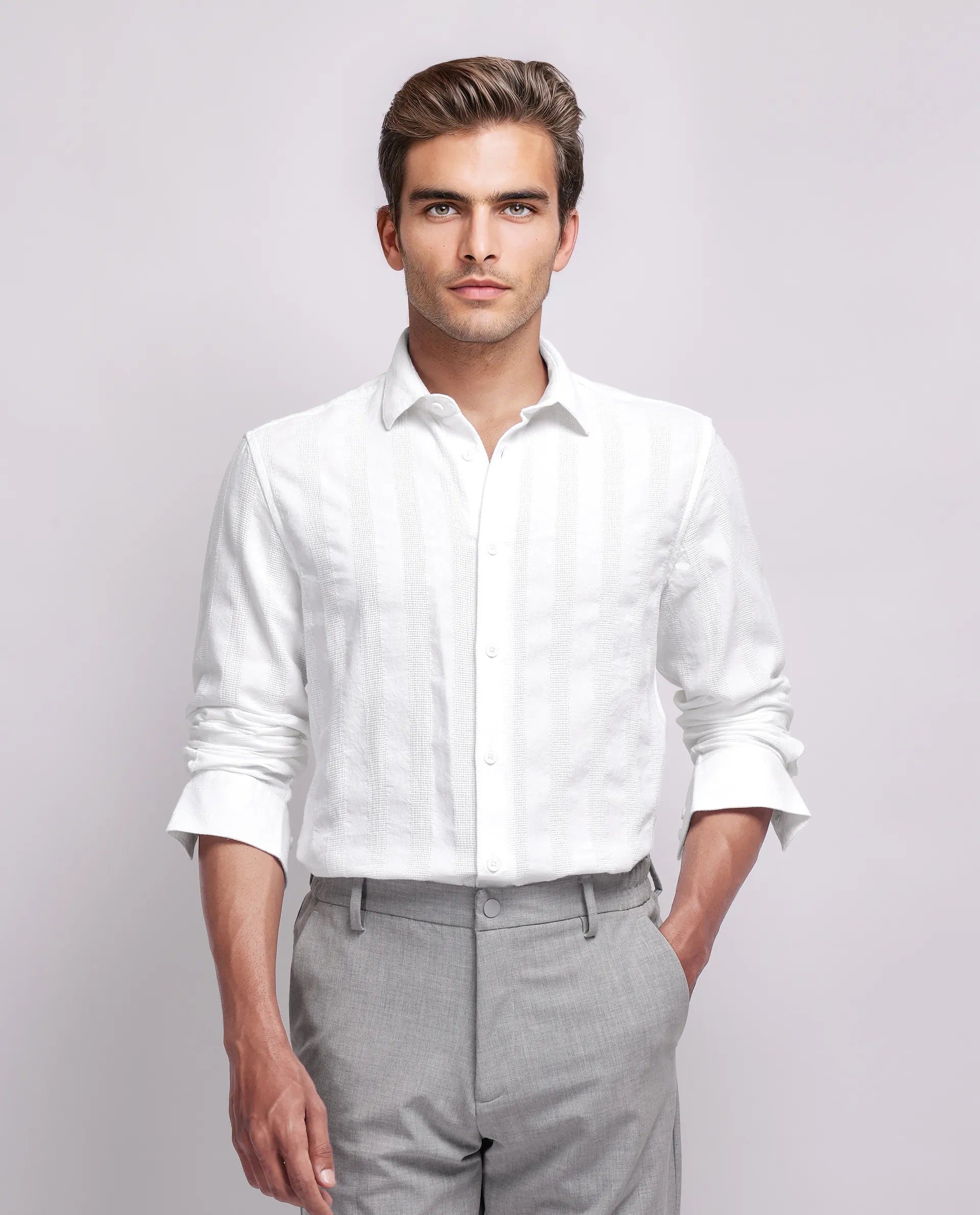 Rare Rabbit Men's Dobbiz White Cotton Striped Print Regular Fit Full Sleeve Collared Shirt