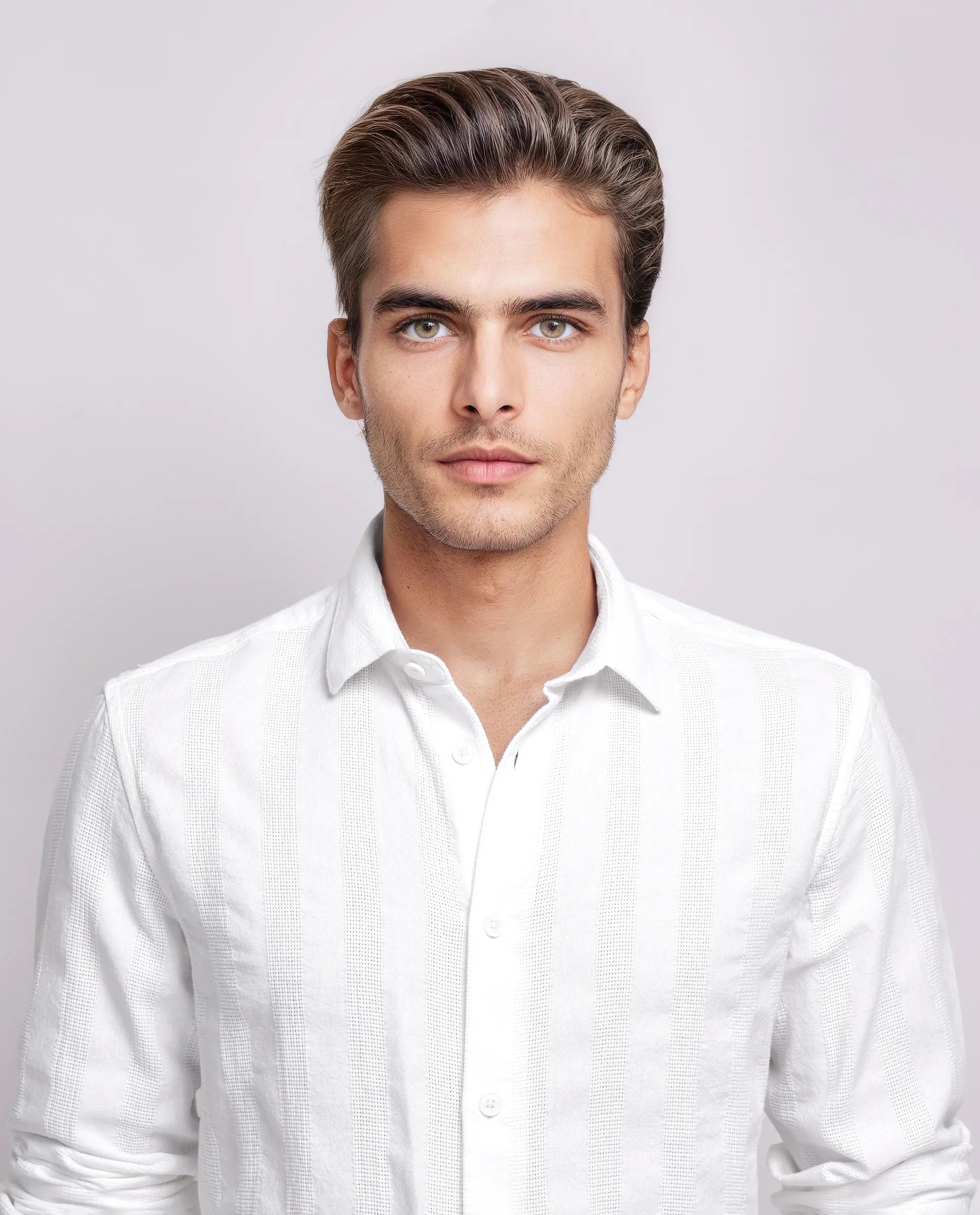 Rare Rabbit Men's Dobbiz White Cotton Striped Print Regular Fit Full Sleeve Collared Shirt