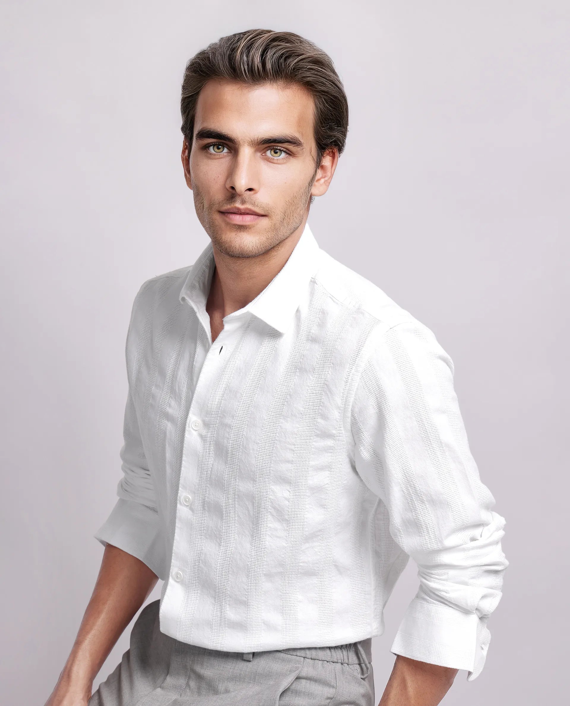 Rare Rabbit Men's Dobbiz White Cotton Striped Print Regular Fit Full Sleeve Collared Shirt