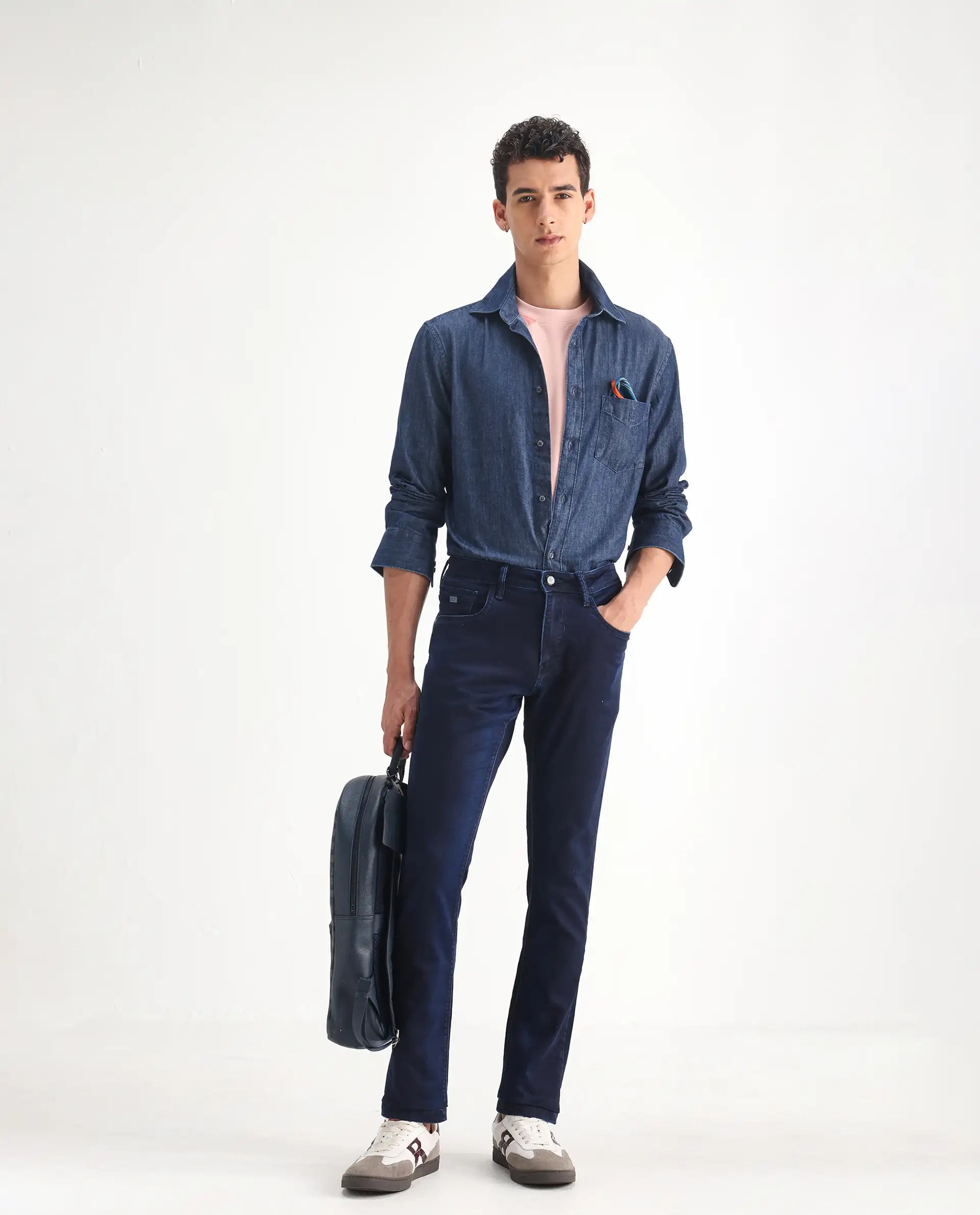 Rare Rabbit Men's Dobe Dark Blue Cotton Plain Hawk Slim Fit Jeans