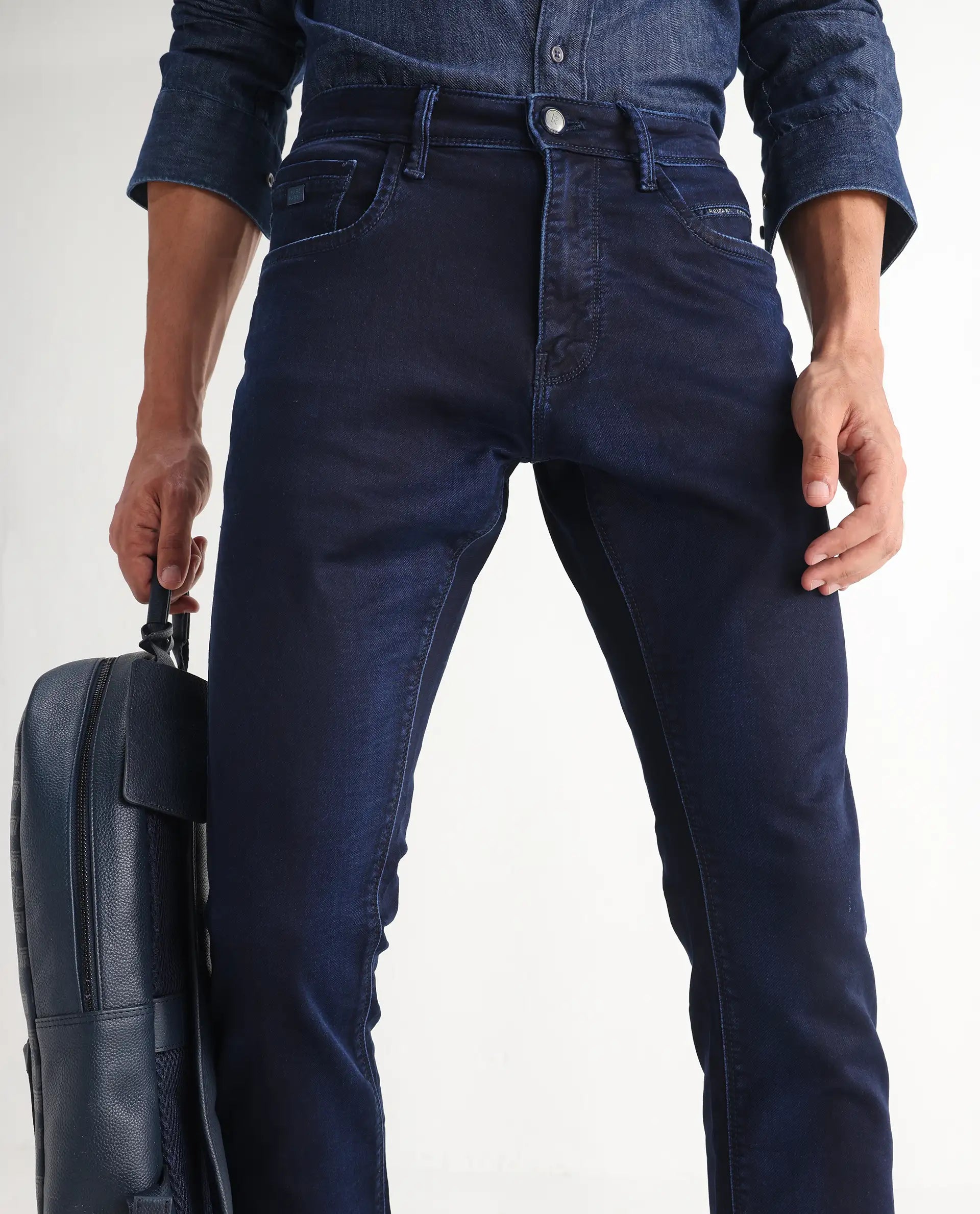 Rare Rabbit Men's Dobe Dark Blue Cotton Plain Hawk Slim Fit Jeans