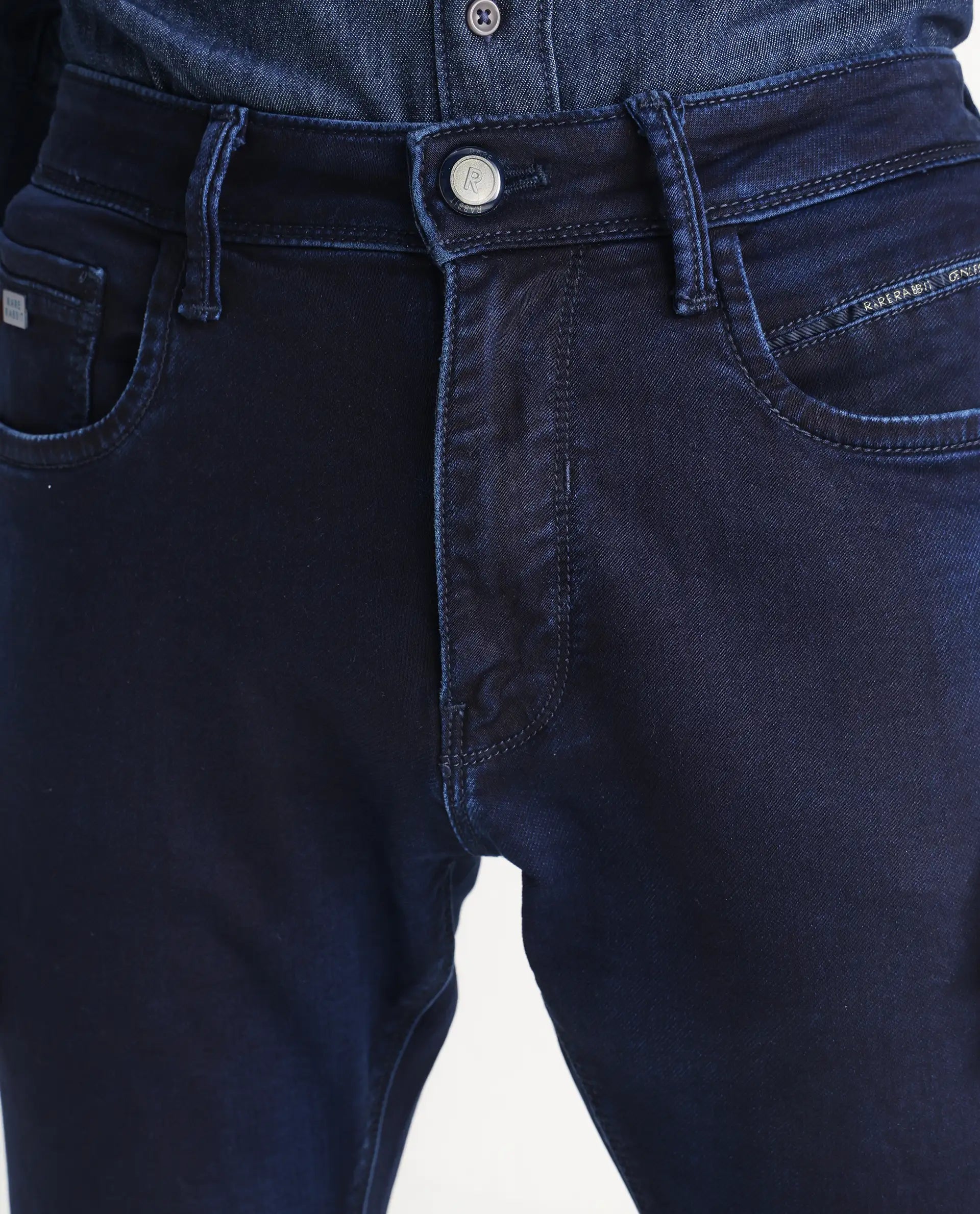 Rare Rabbit Men's Dobe Dark Blue Cotton Plain Hawk Slim Fit Jeans