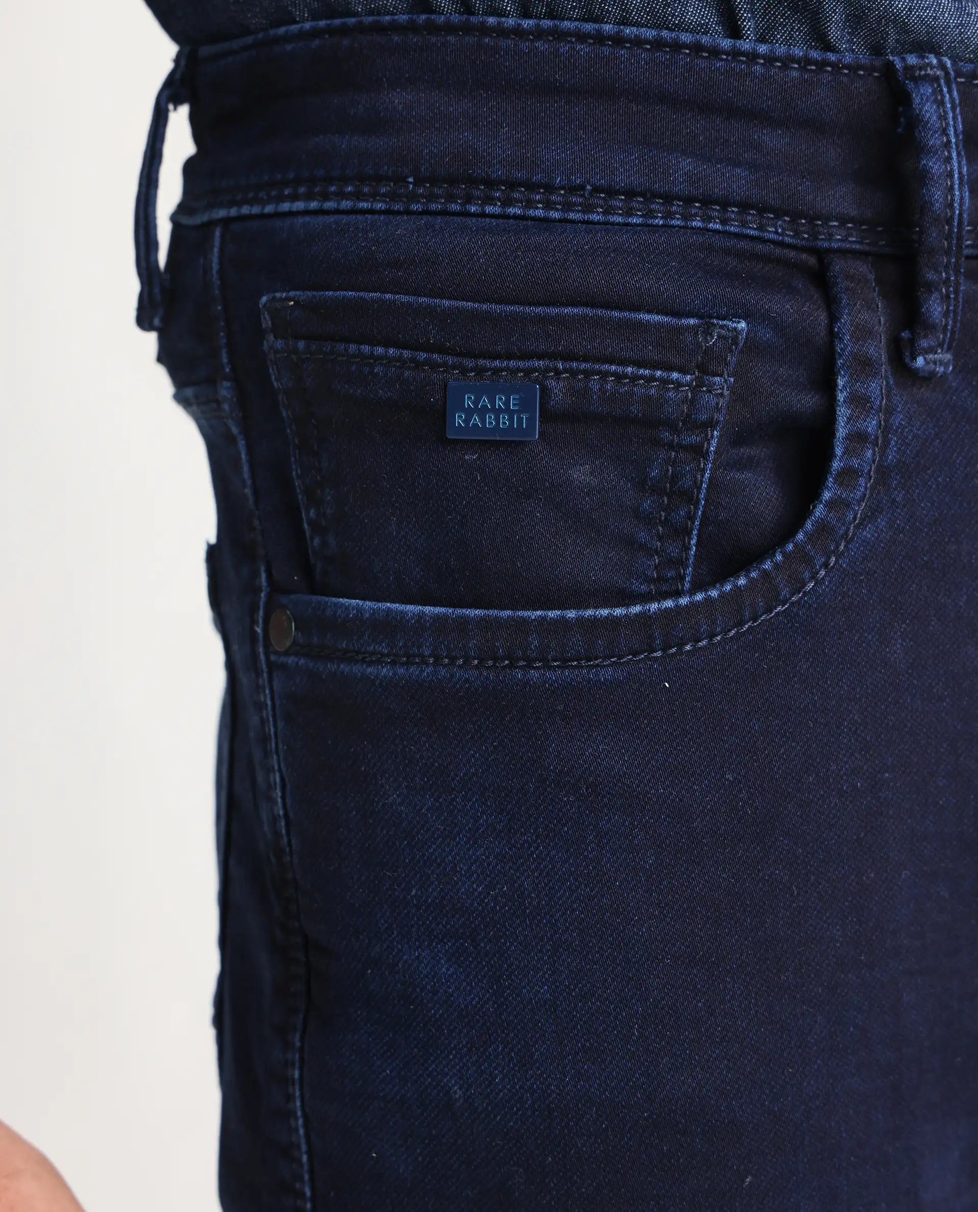 Rare Rabbit Men's Dobe Dark Blue Cotton Plain Hawk Slim Fit Jeans