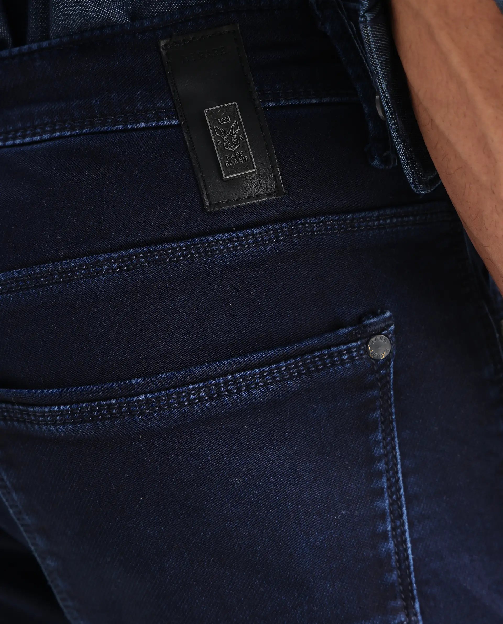 Rare Rabbit Men's Dobe Dark Blue Cotton Plain Hawk Slim Fit Jeans