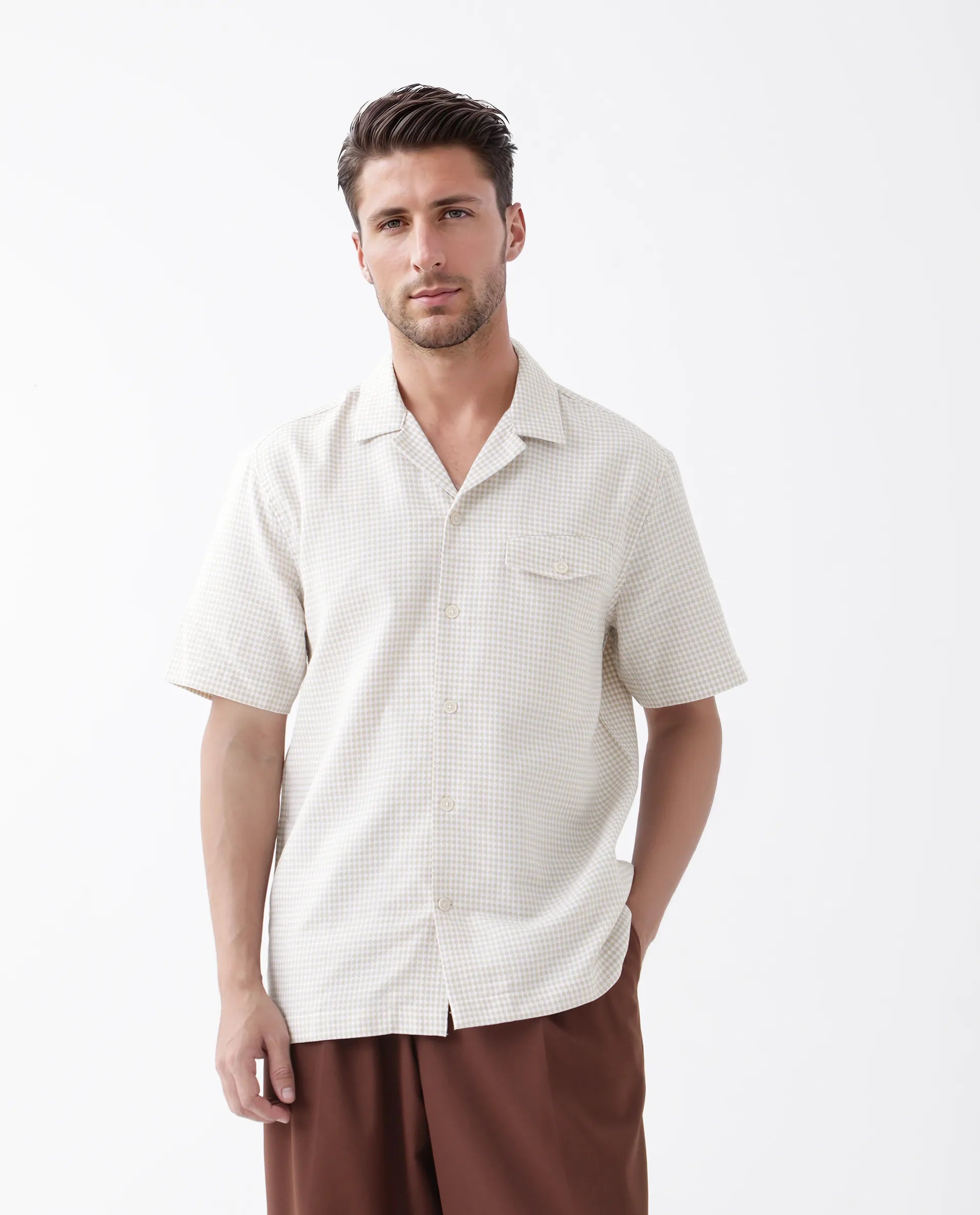 Rare Rabbit Men's Dobo Beige Cotton Polka Print Relaxed Fit Half Sleeve Cuban Collar Shirt