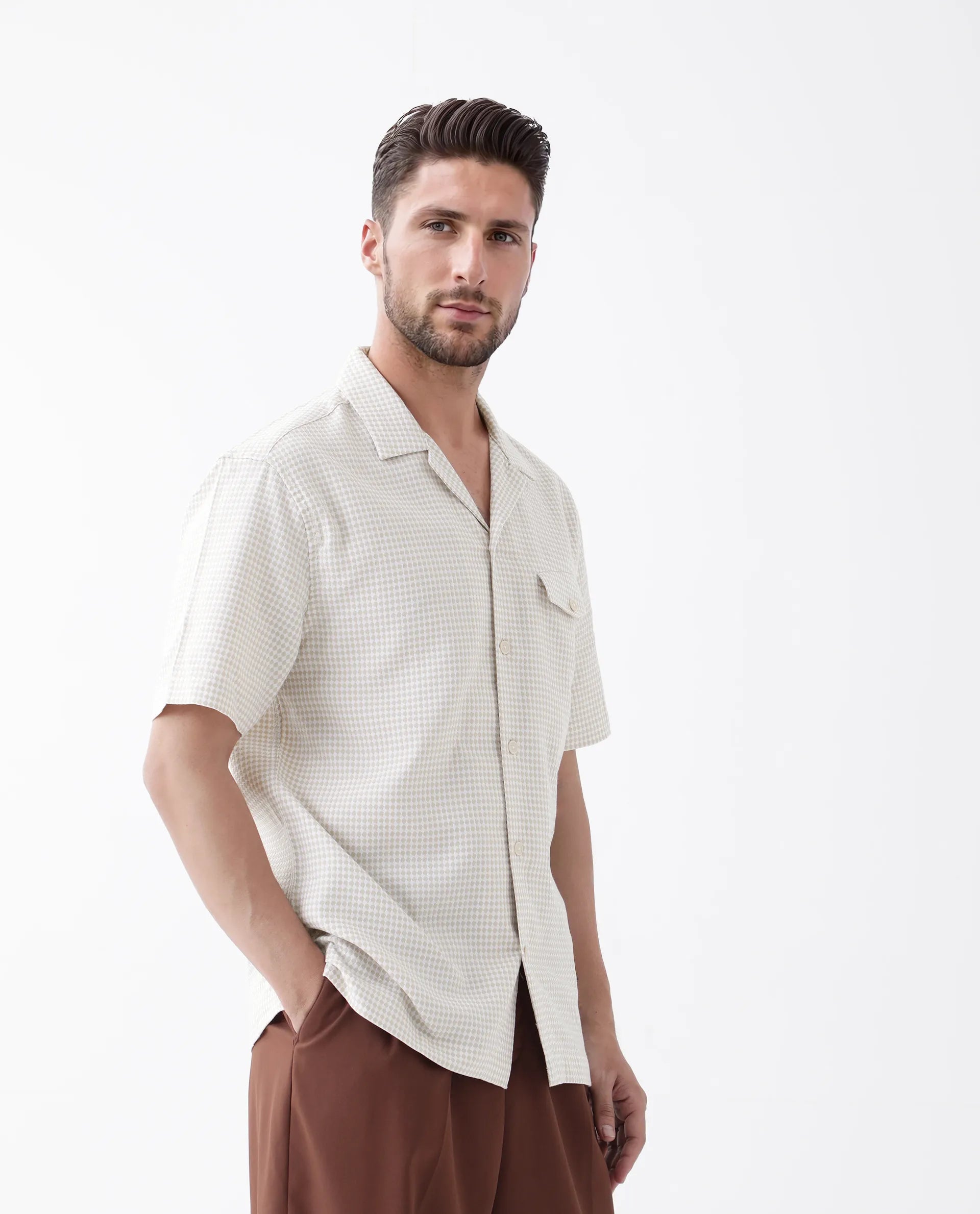 Rare Rabbit Men's Dobo Beige Cotton Polka Print Relaxed Fit Half Sleeve Cuban Collar Shirt