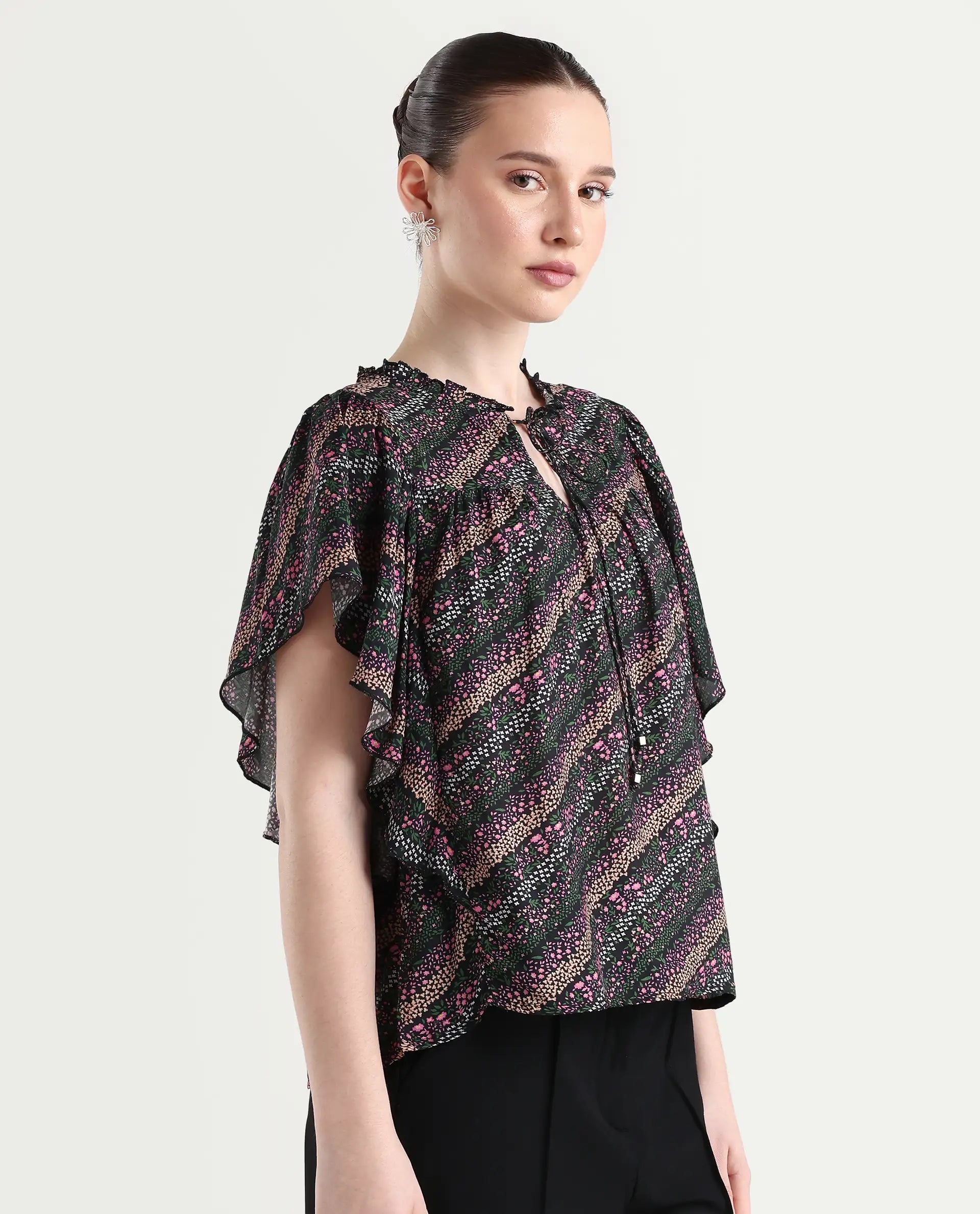 Rareism Women's Doc Black Cotton Blend Tie-Up Neck Floral Print Extended Sleeves Relaxed Fit Top