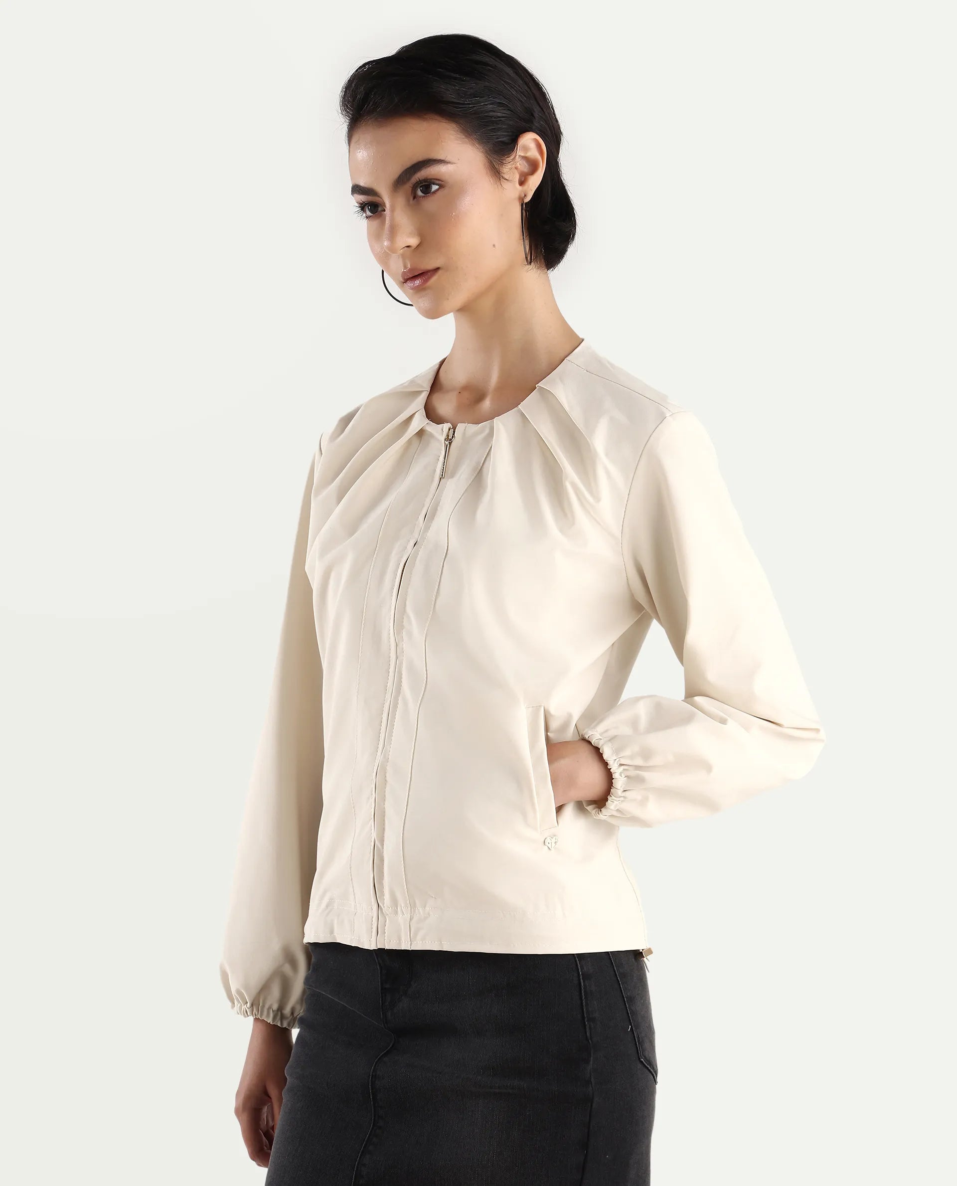 Rareism Women's Dockly Beige Crew Neck Plain Regular Fit Jacket