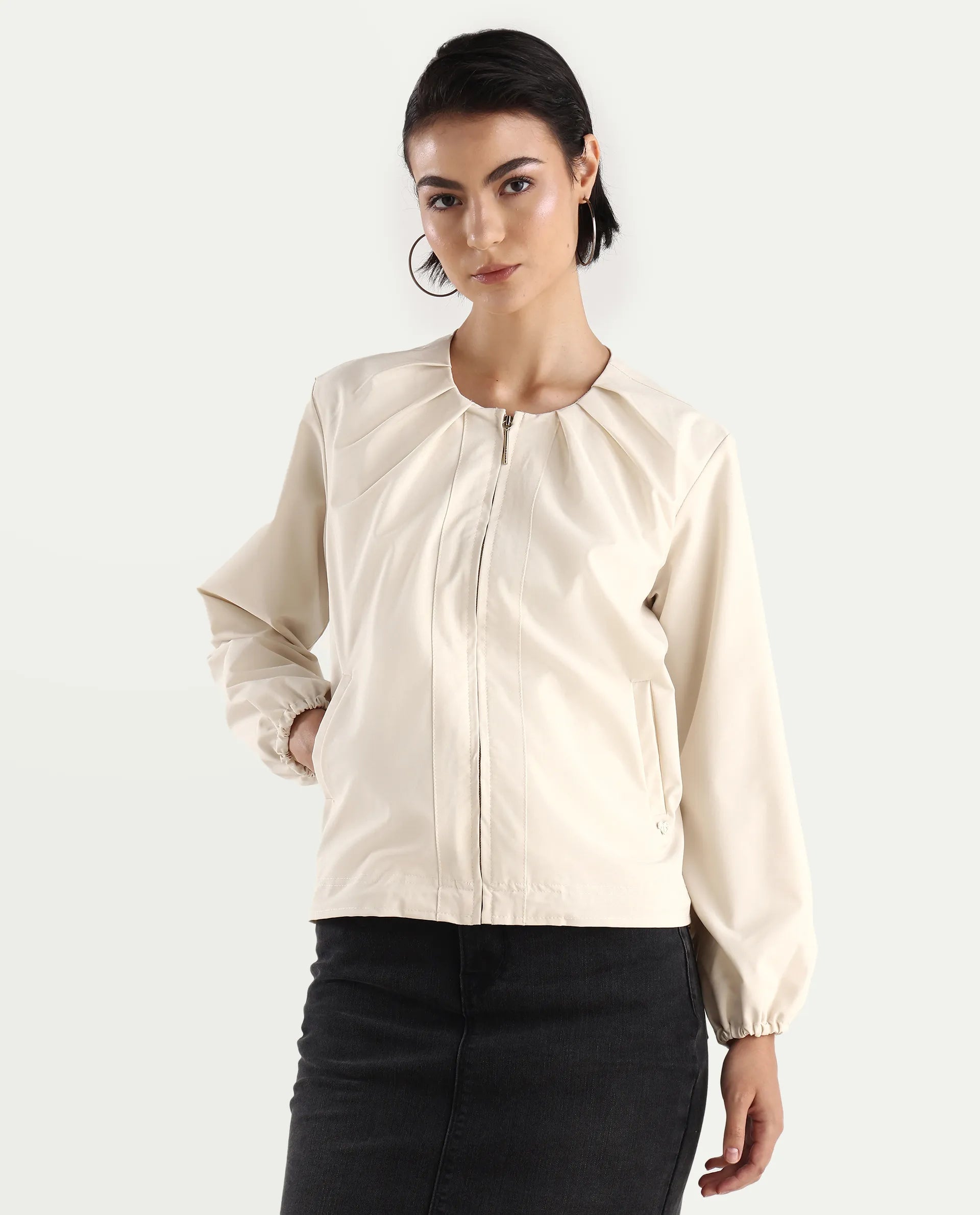 Rareism Women's Dockly Beige Crew Neck Plain Regular Fit Jacket