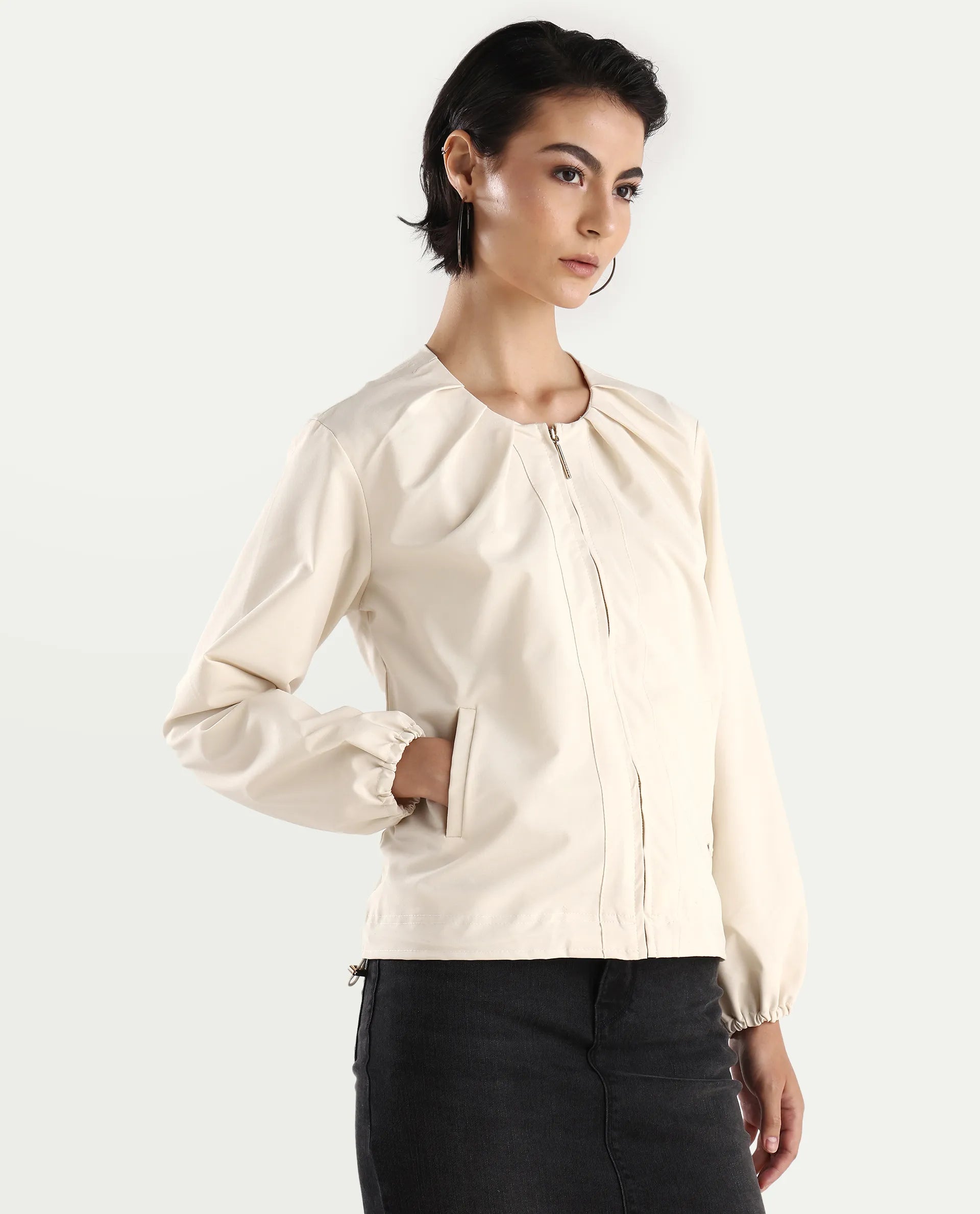 Rareism Women's Dockly Beige Crew Neck Plain Regular Fit Jacket