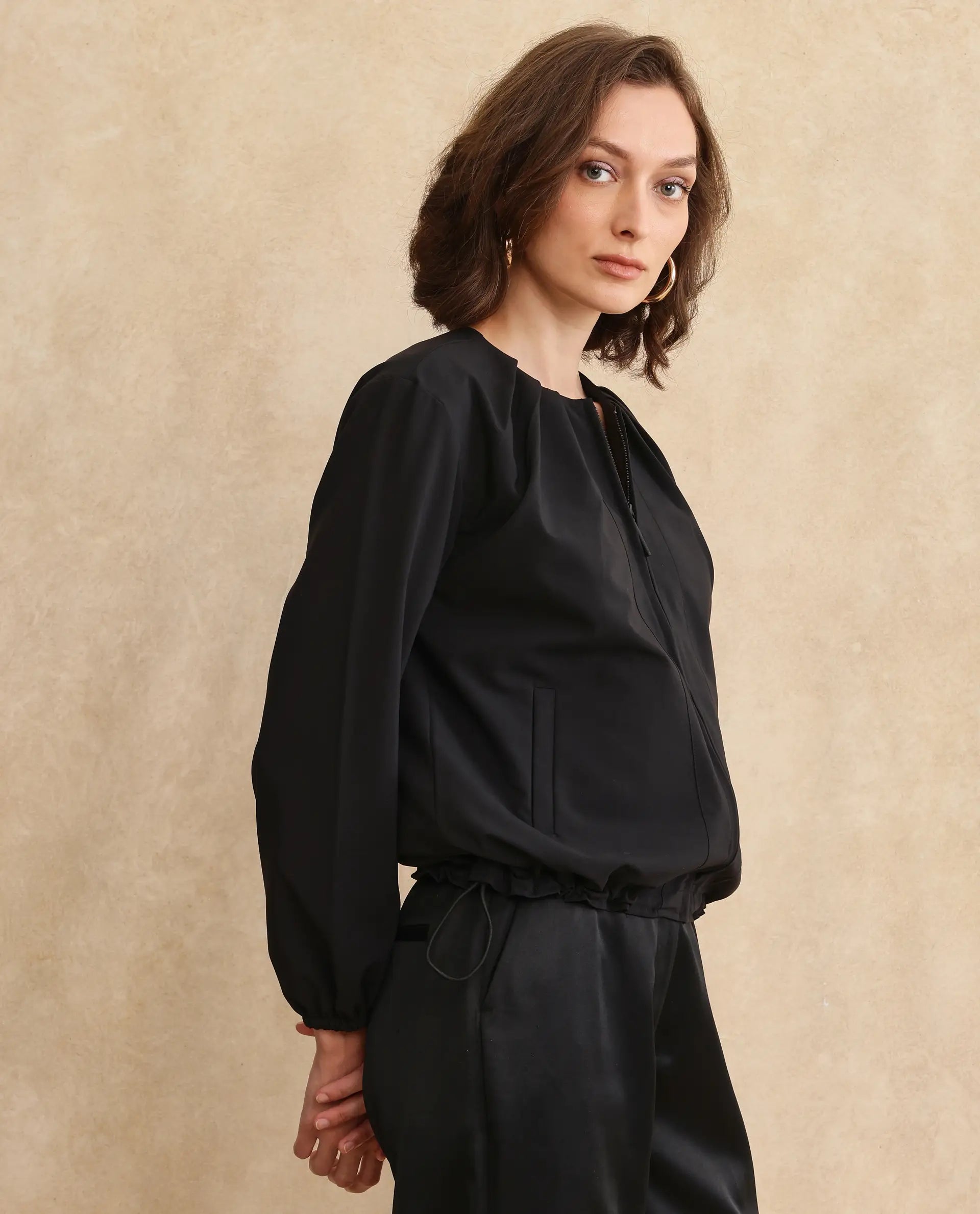 Rareism Women Dockly Black Full Sleeve Crew Neck Zipper Closure Plain Jacket