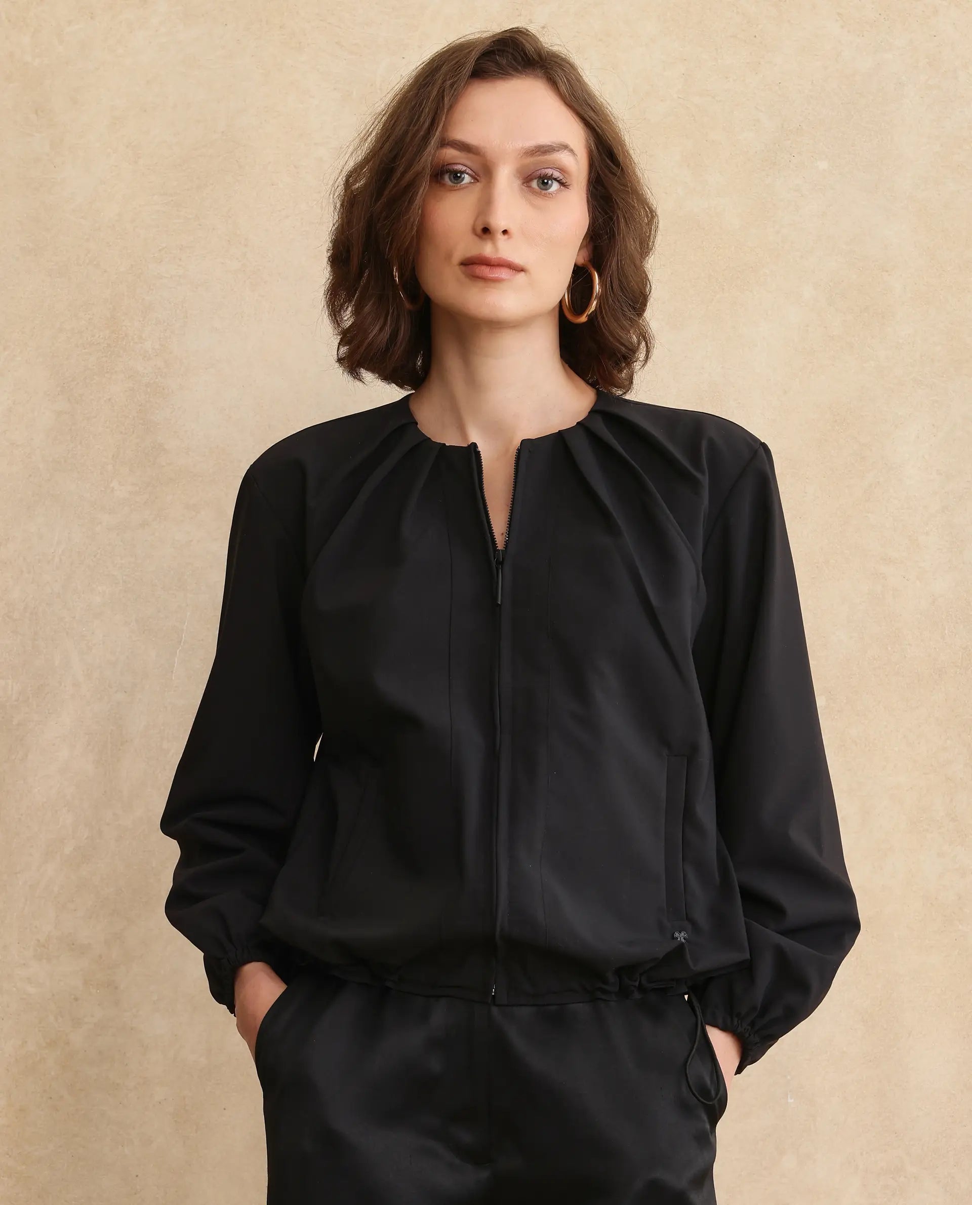 Rareism Women Dockly Black Full Sleeve Crew Neck Zipper Closure Plain Jacket