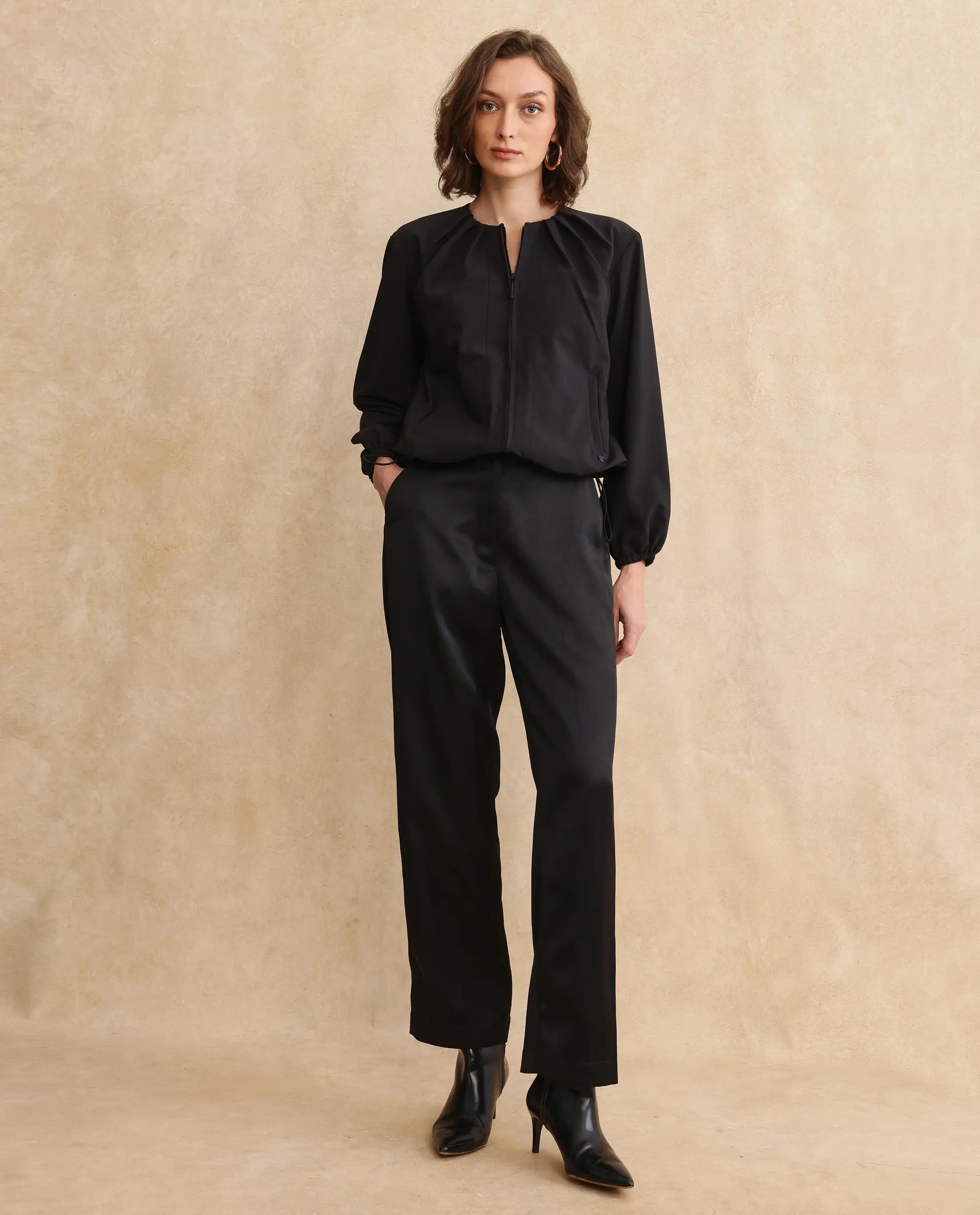 Rareism Women Dockly Black Full Sleeve Crew Neck Zipper Closure Plain Jacket