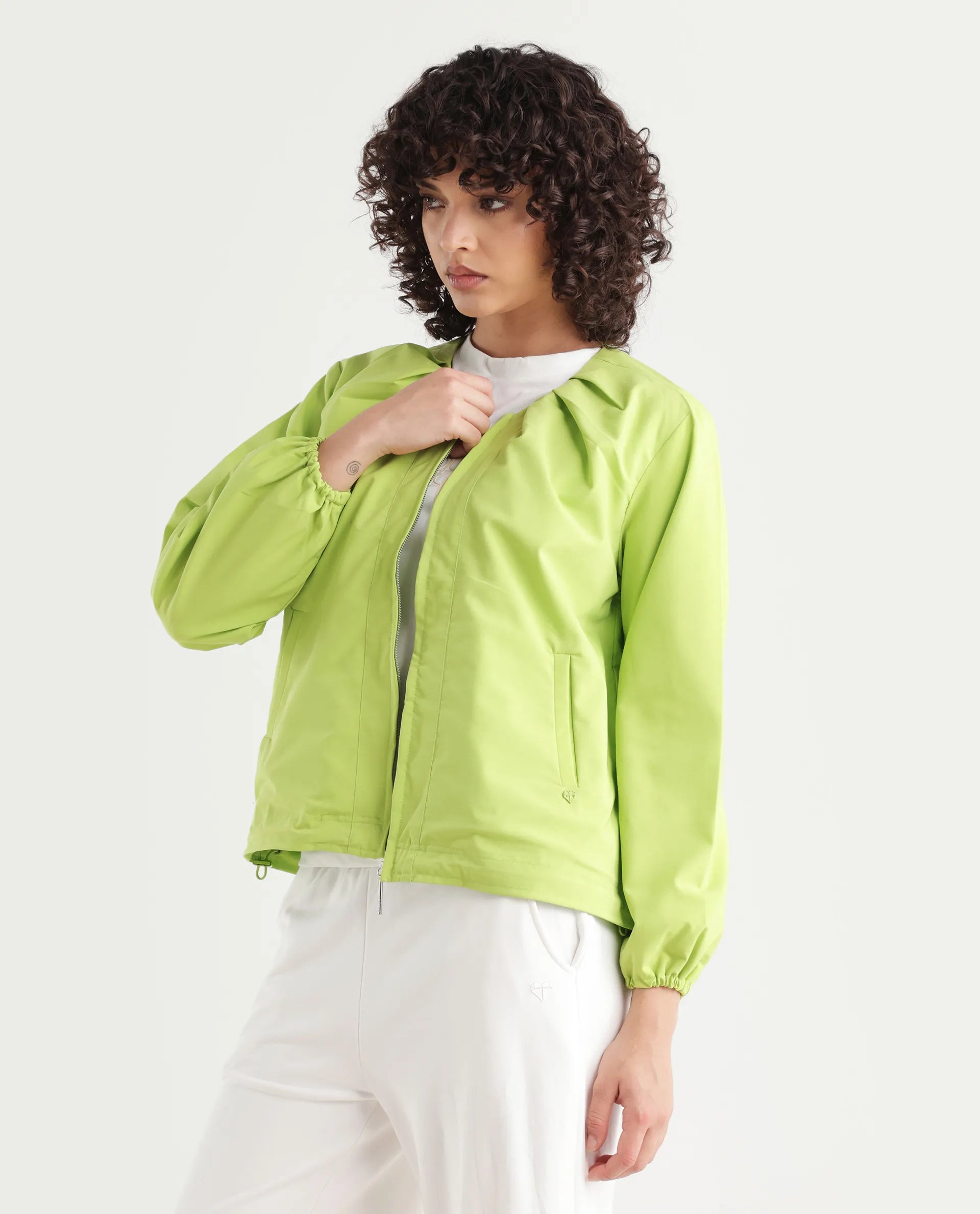 Rareism Women's Dockly Green Round Neck Plain Regular Fit Jacket