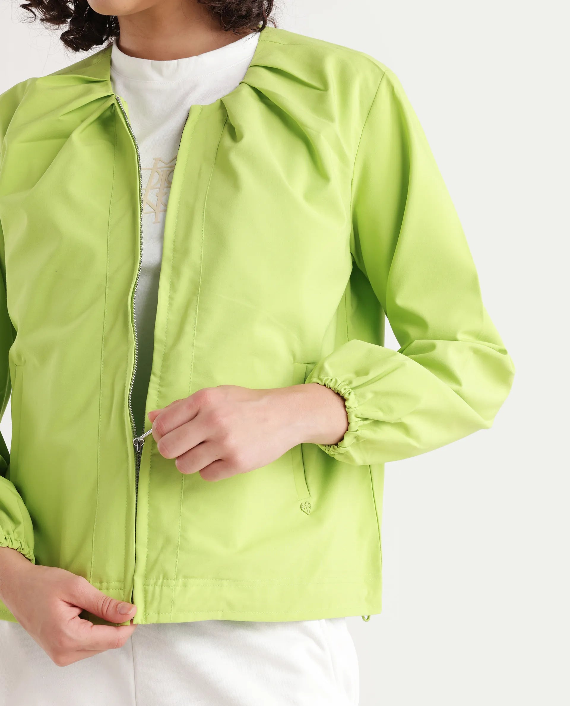 Rareism Women's Dockly Green Round Neck Plain Regular Fit Jacket