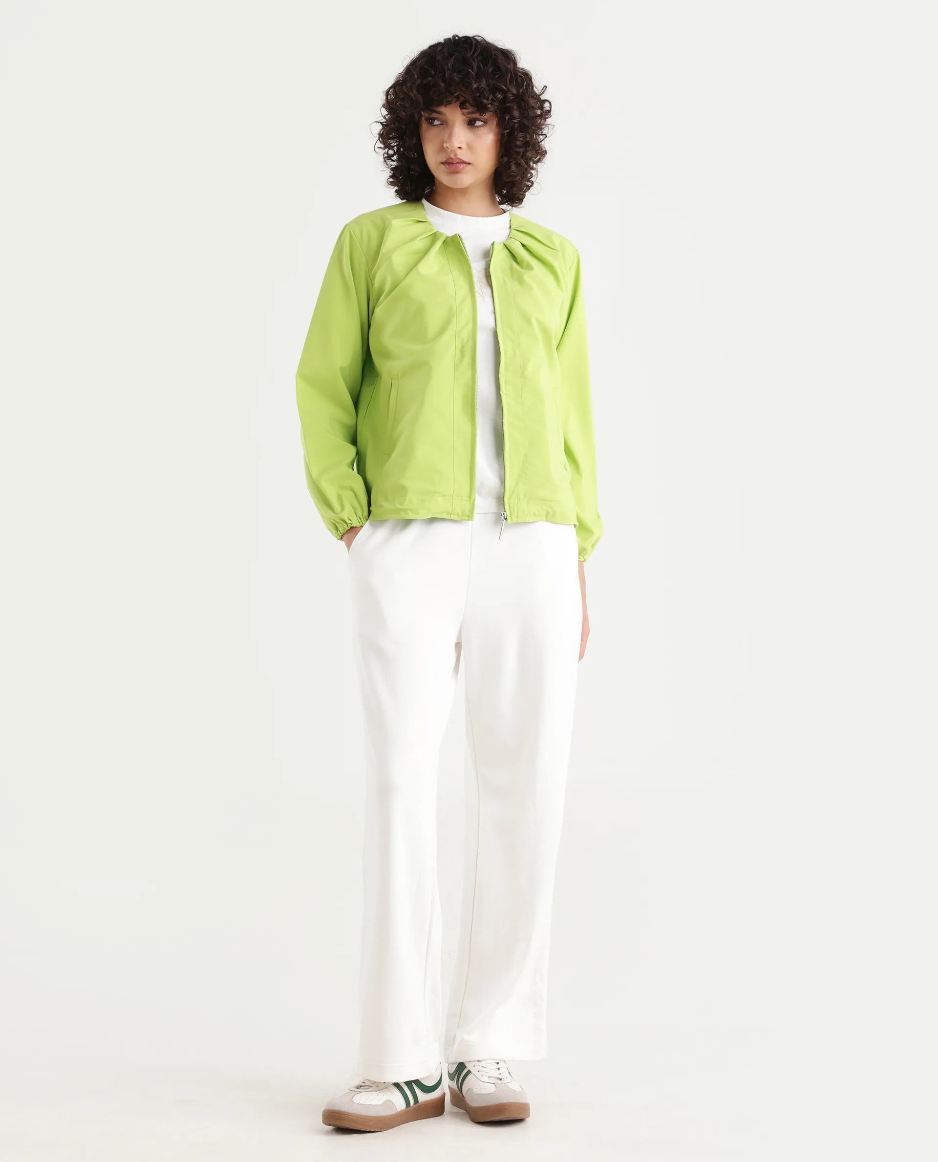 Rareism Women's Dockly Green Round Neck Plain Regular Fit Jacket